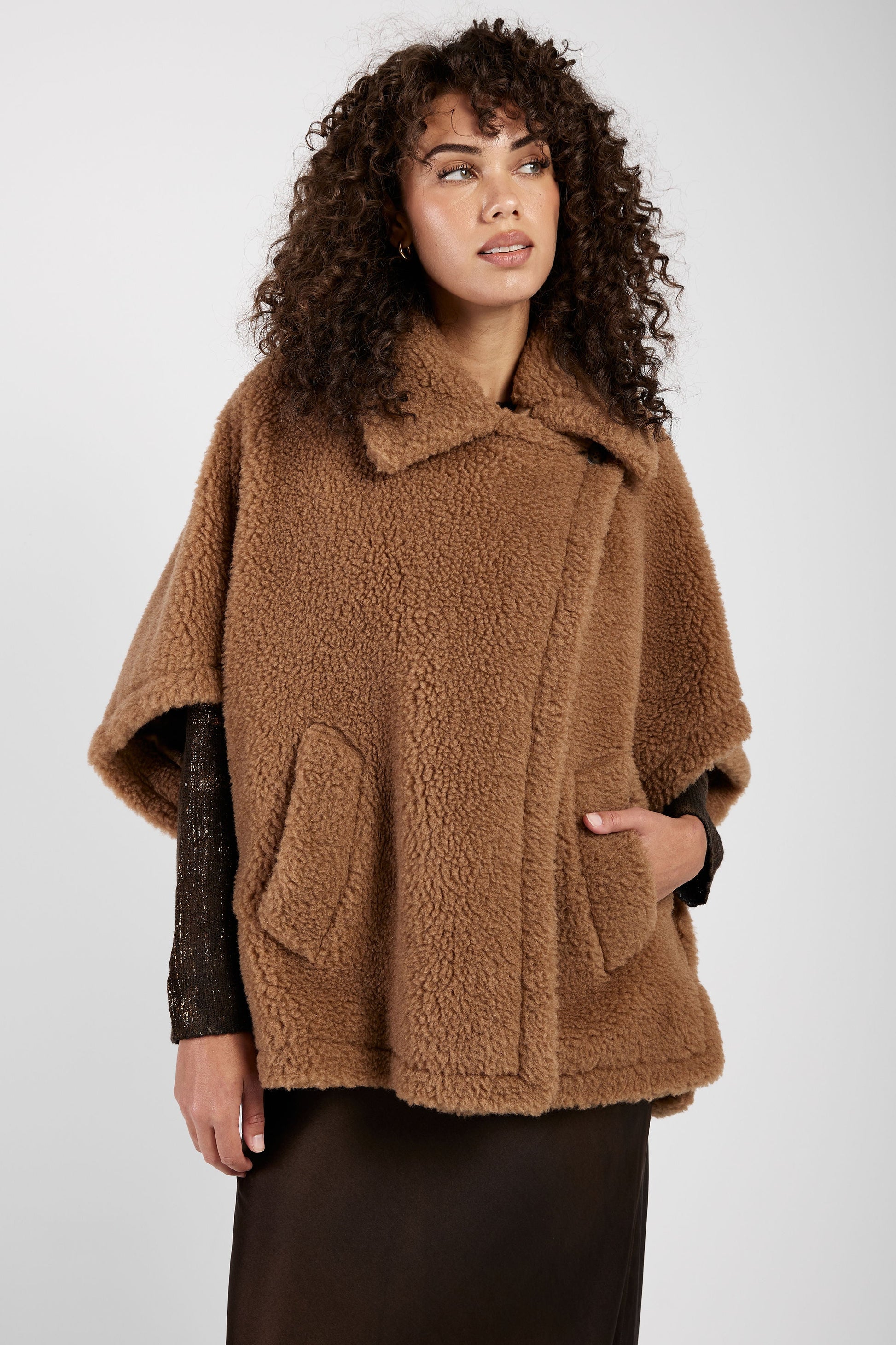 MAX MARA Tebe Teddy Cape Wrap Poncho in Camel