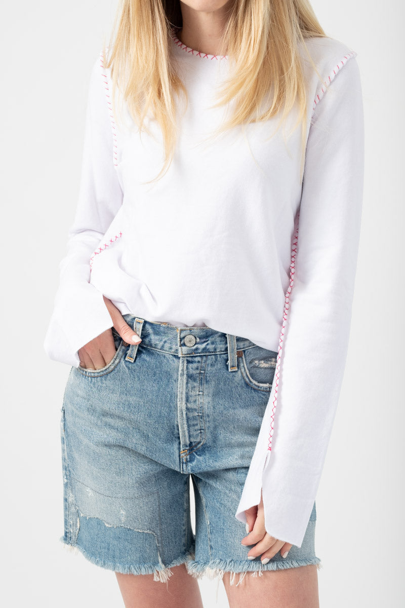 MADE ON GRAND Cotton Sweatshirt in White with Pink Palm Tree