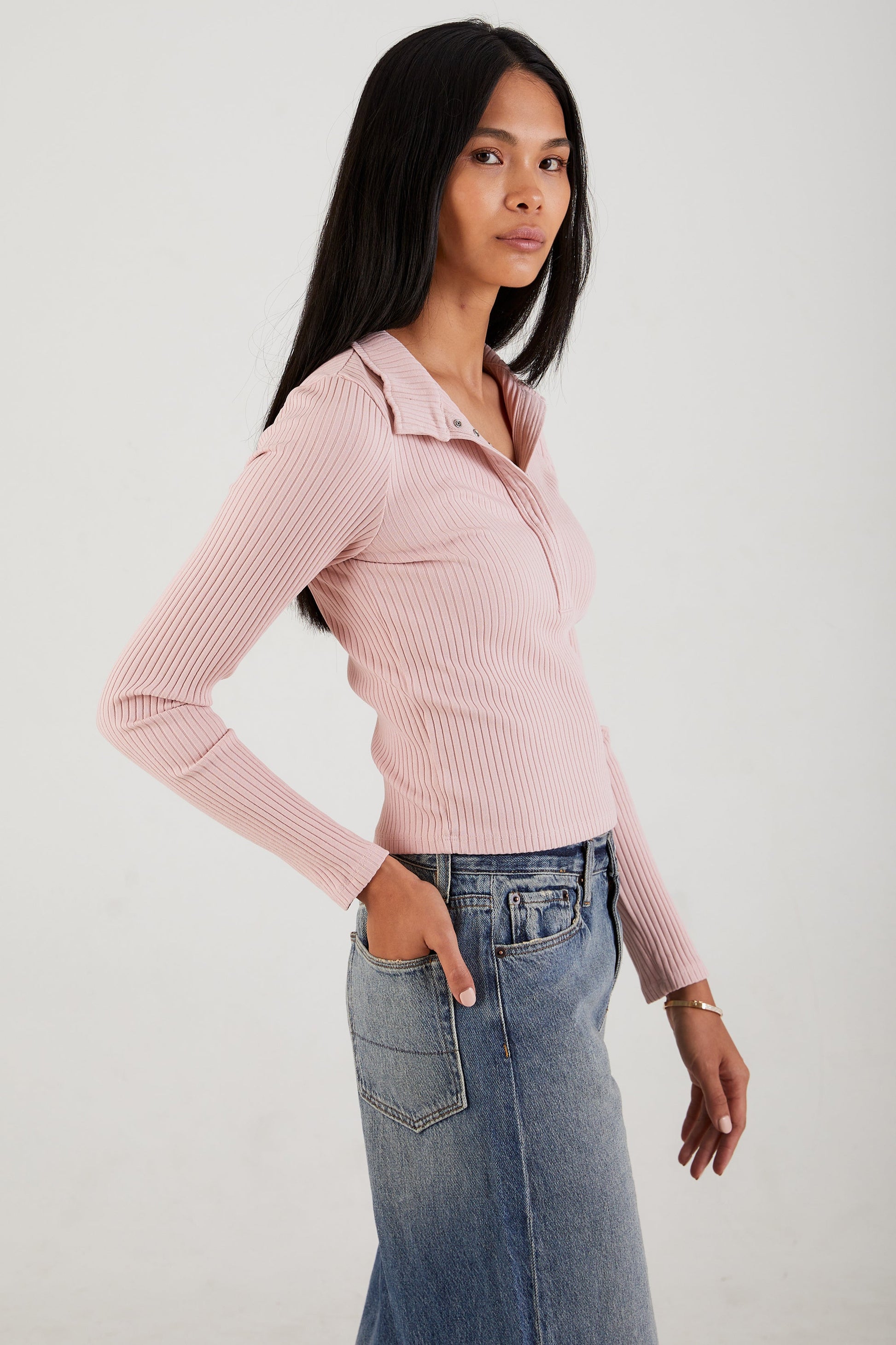 NSF AIi Rib Long Sleeve Crop Snap Polo in Dust