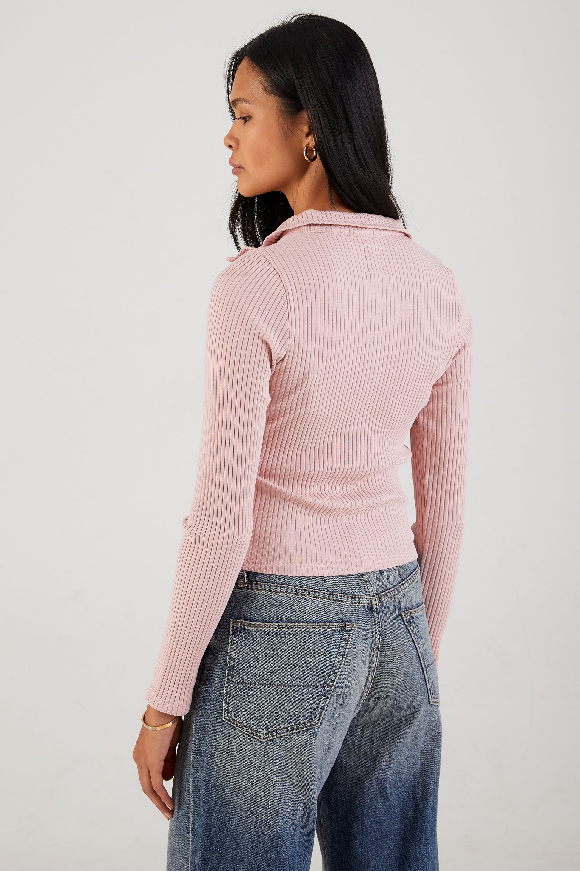 NSF AIi Rib Long Sleeve Crop Snap Polo in Dust