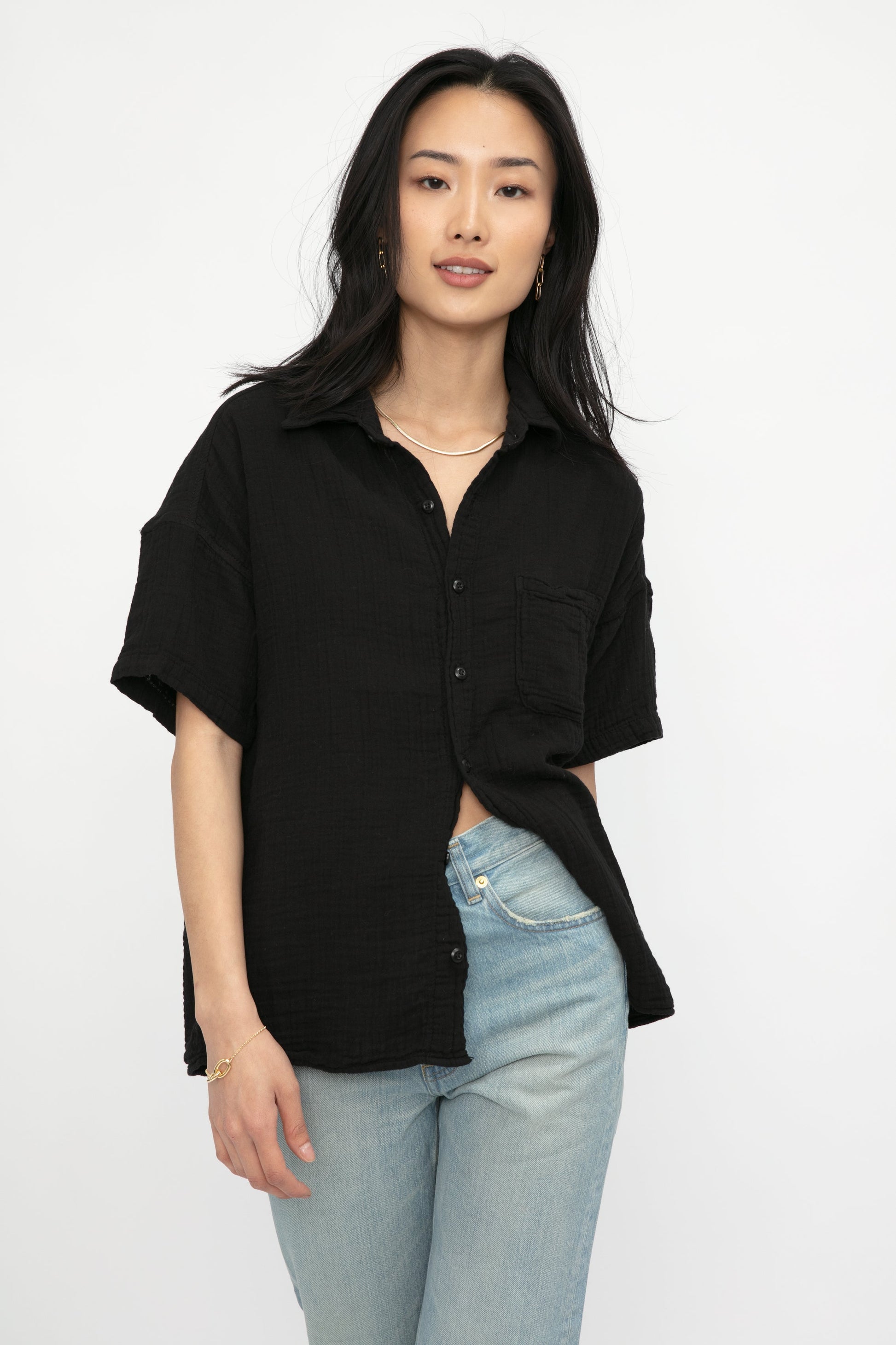 NSF Marks Short Sleeve Button Up Shirt in Black