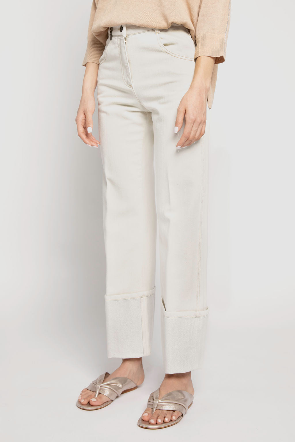 PESERICO Cotton Pant with Lurex Cuffs in Parchment