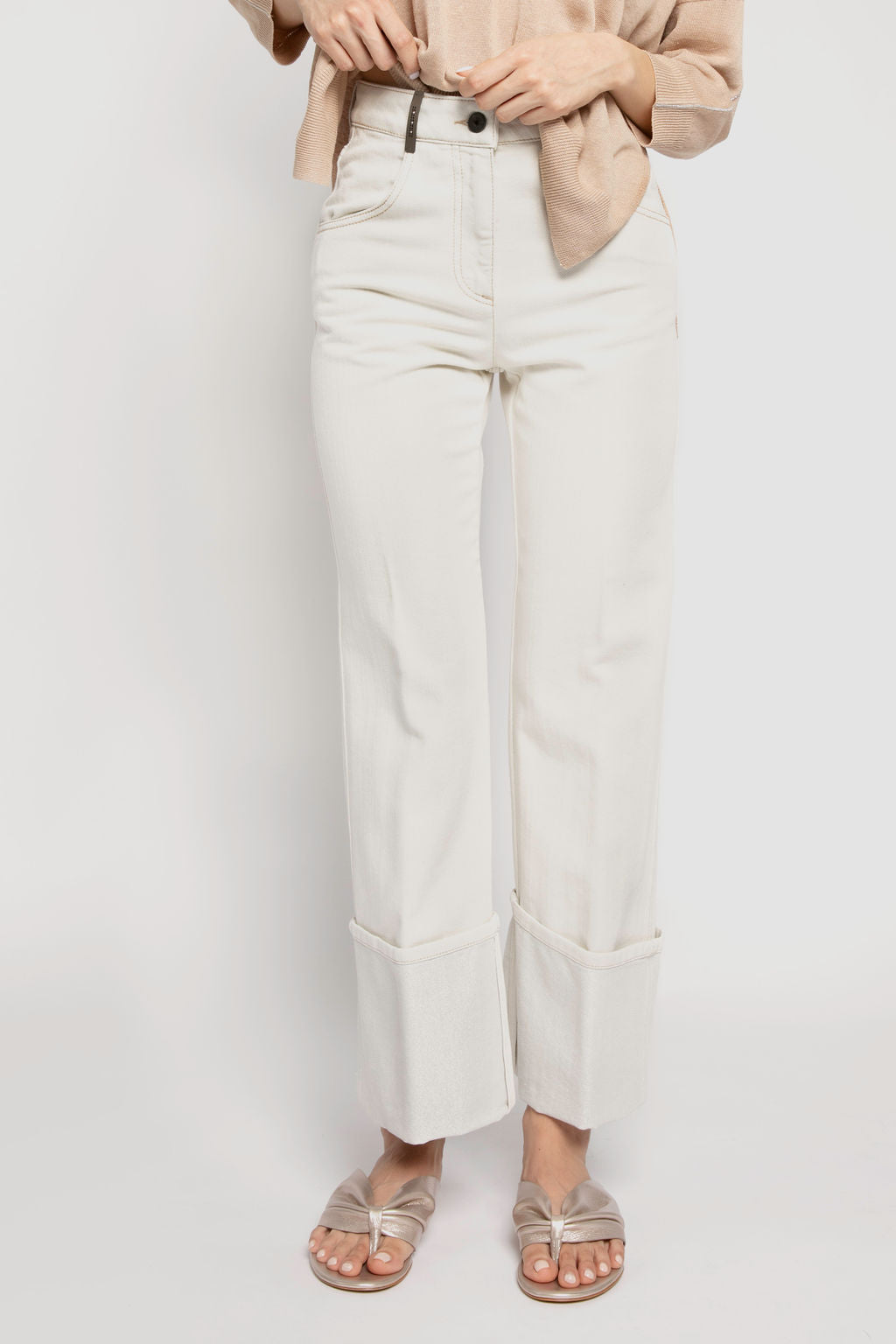 PESERICO Cotton Pant with Lurex Cuffs in Parchment