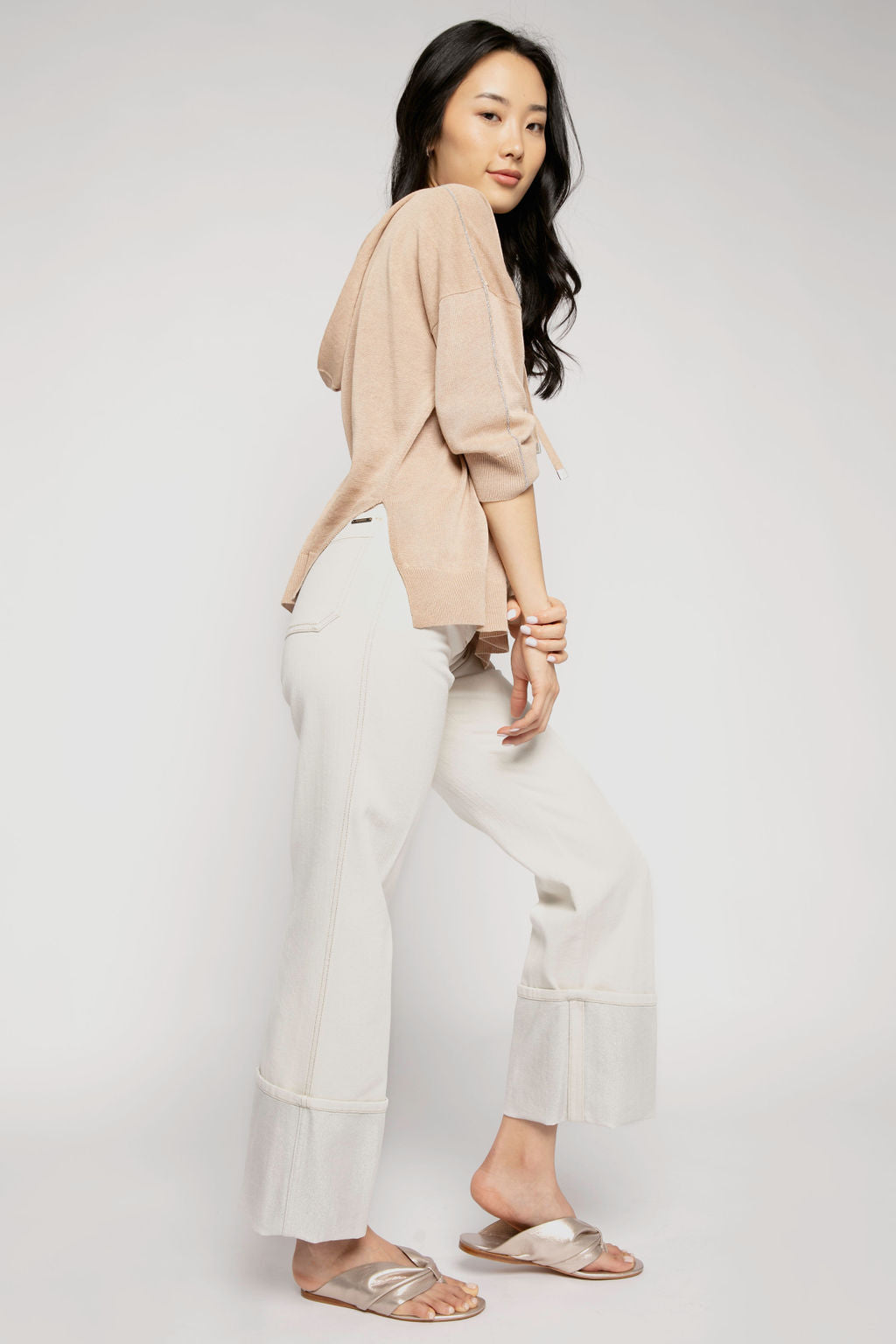 PESERICO Cotton Pant with Lurex Cuffs in Parchment