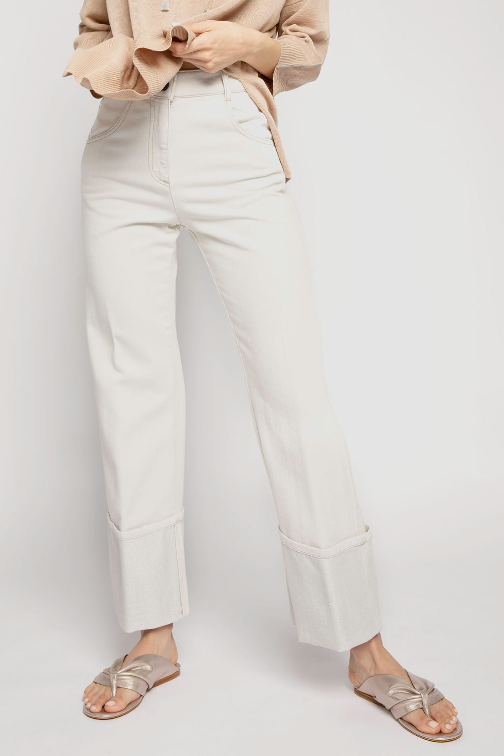 PESERICO Cotton Pant with Lurex Cuffs in Parchment