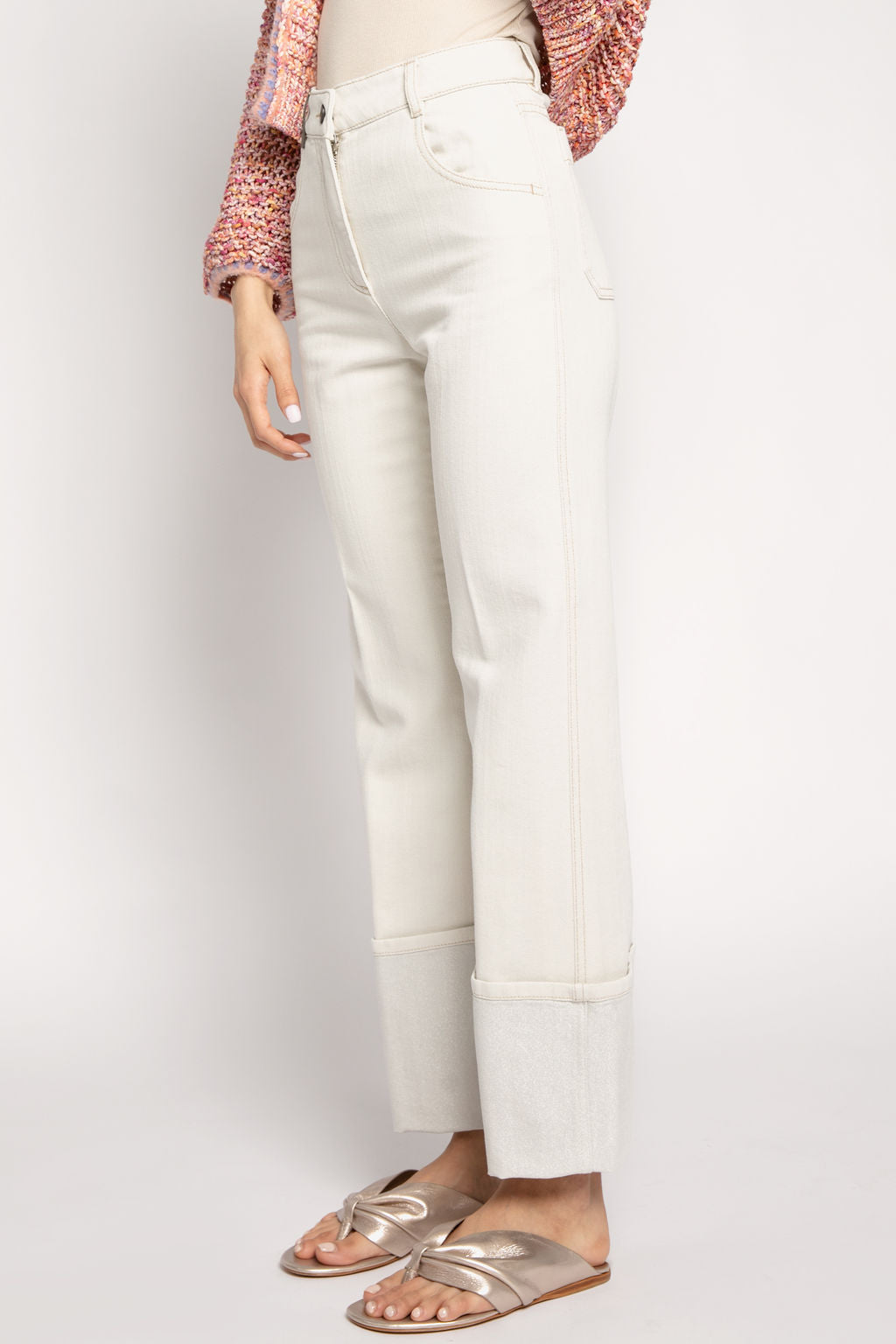 PESERICO Cotton Pant with Lurex Cuffs in Parchment