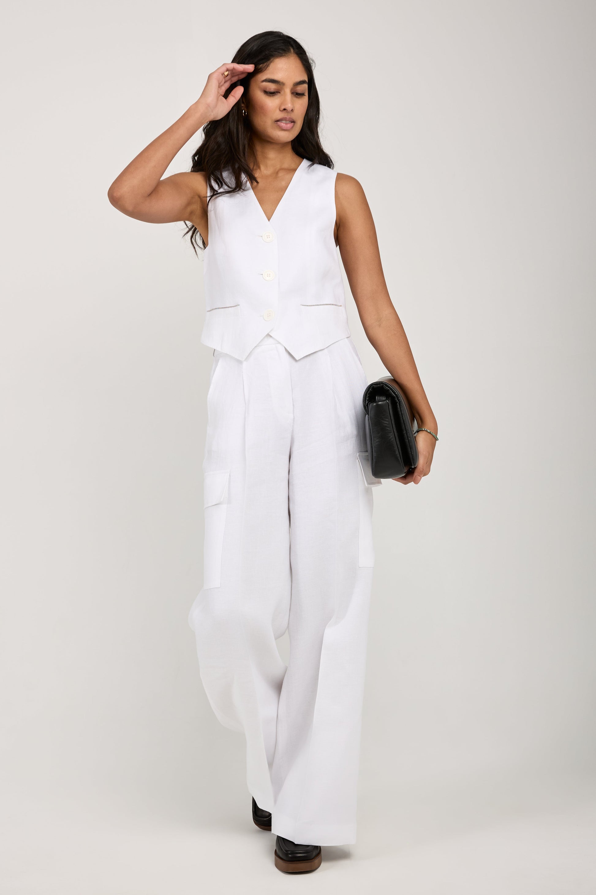 PESERICO Linen Gabardine Vest in Pure White