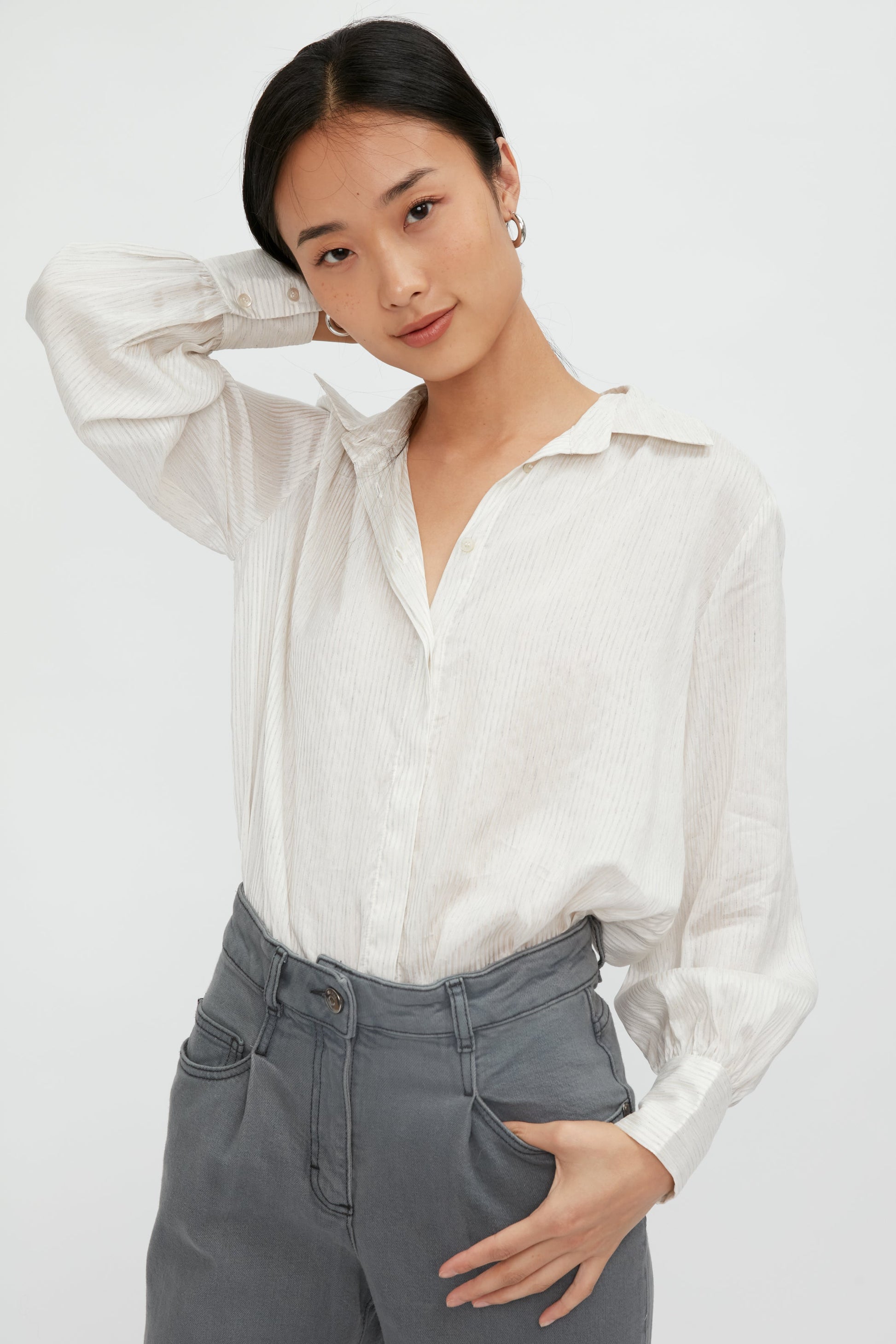 PESERICO Silk Voile Blouse in Grey Stripe