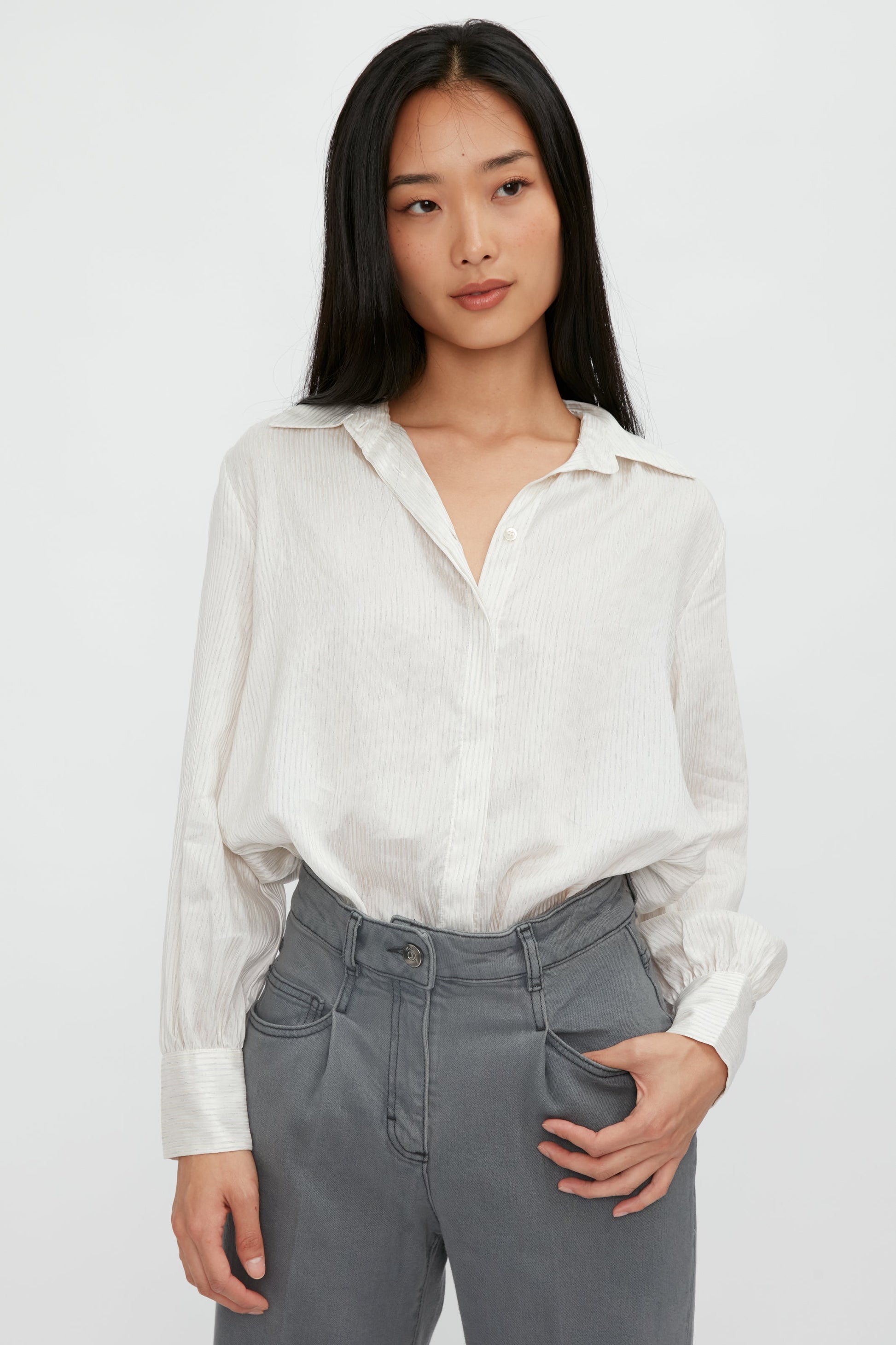 PESERICO Silk Voile Blouse in Grey Stripe