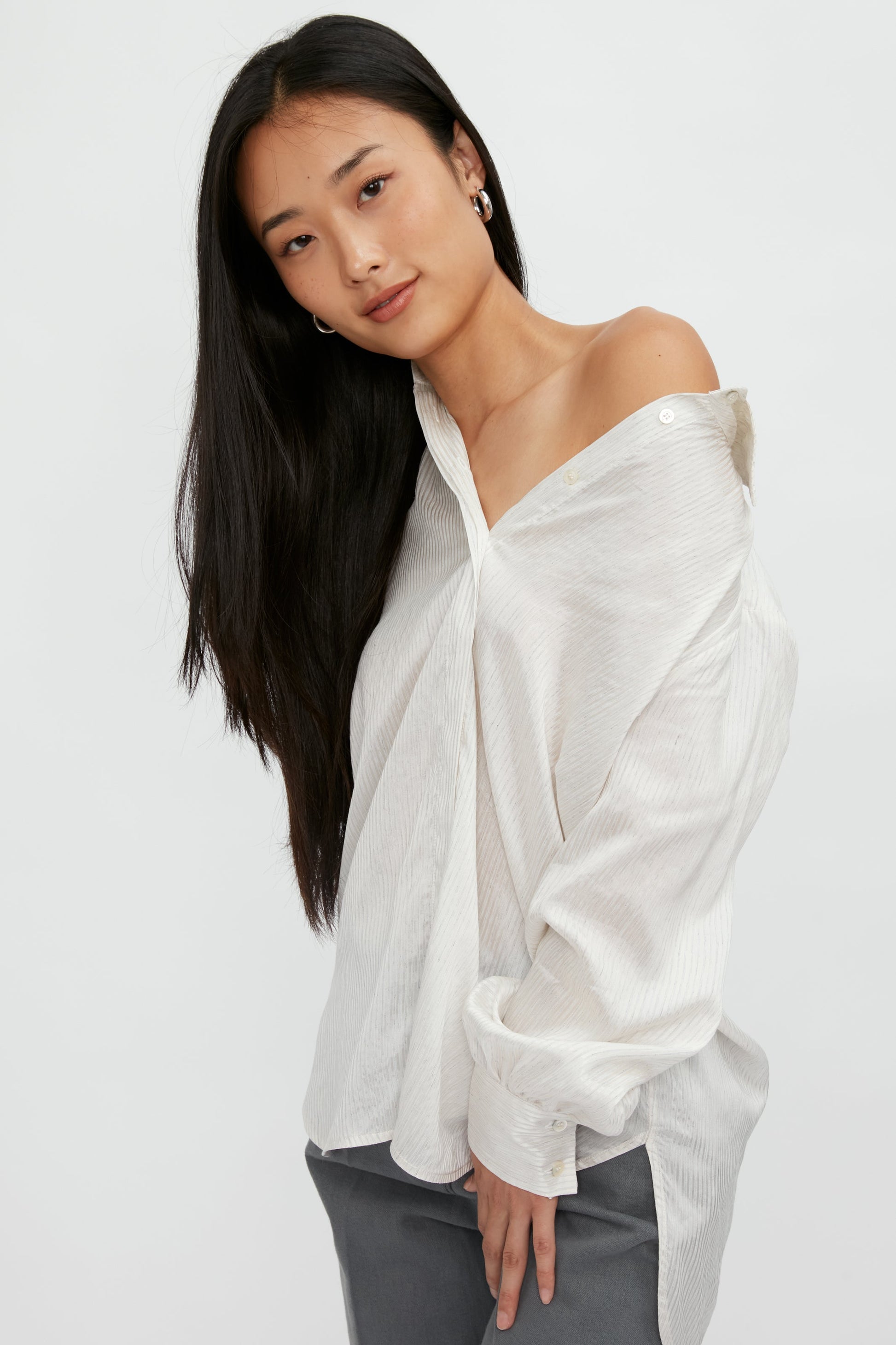 PESERICO Silk Voile Blouse in Grey Stripe