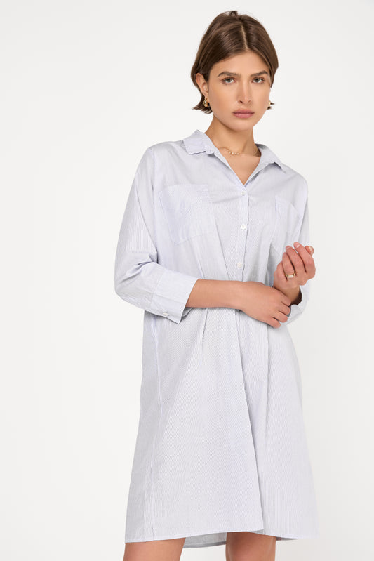 Fine Cotton Poplin Shirt Dress in Blue Stripe