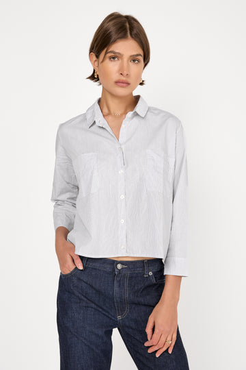 Fine Cotton Poplin Shirt in Mud Stripe