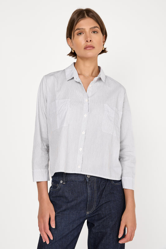 Fine Cotton Poplin Shirt in Mud Stripe