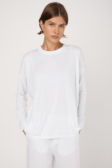 Fine Cotton Soft Knit Sweater in White