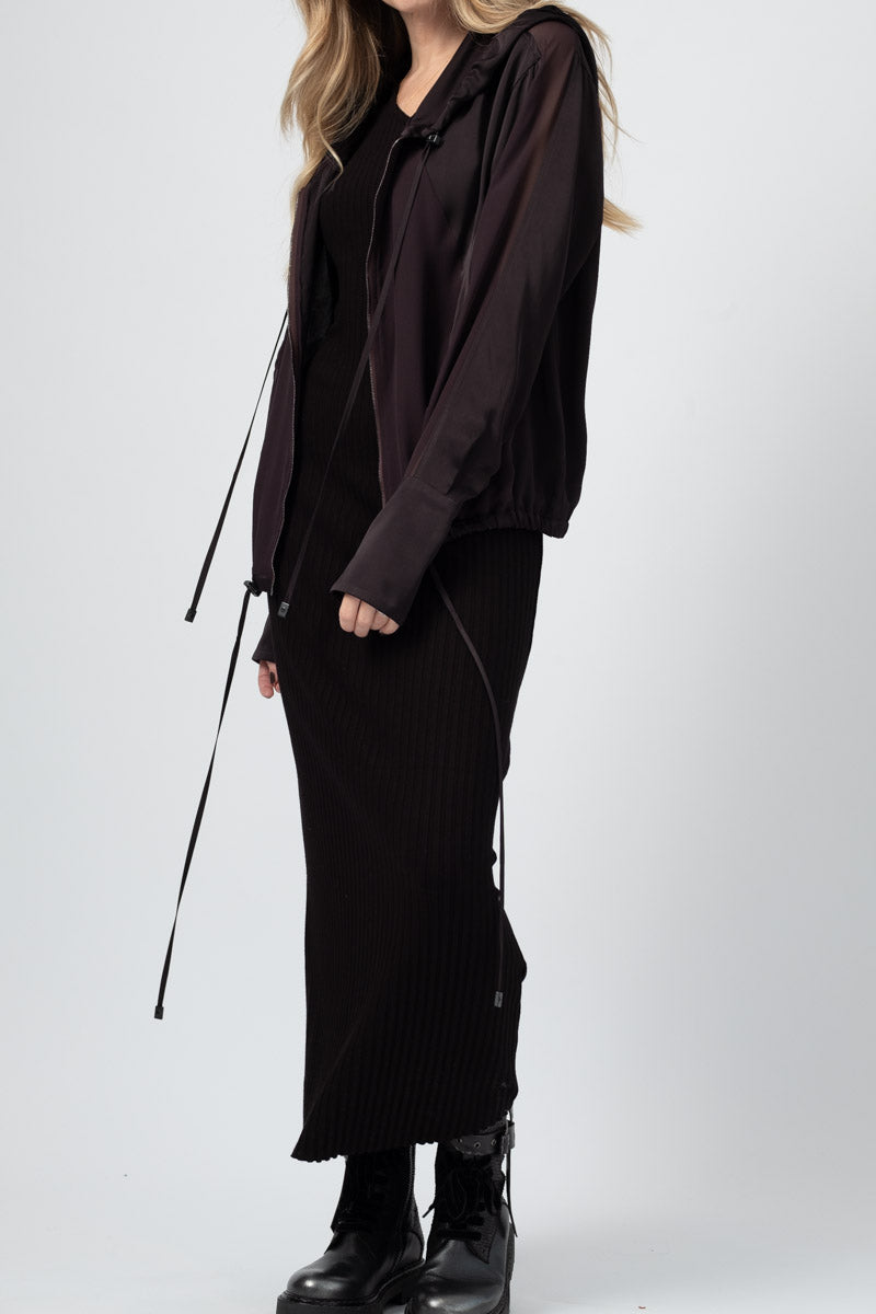 ROQUE Viscose Satin Silk Georgette Hoodie in Must