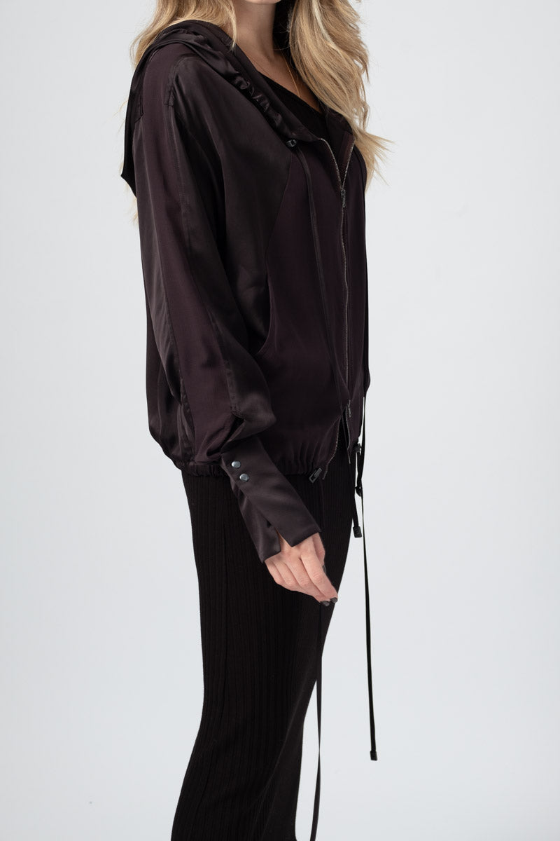 ROQUE Viscose Satin Silk Georgette Hoodie in Must
