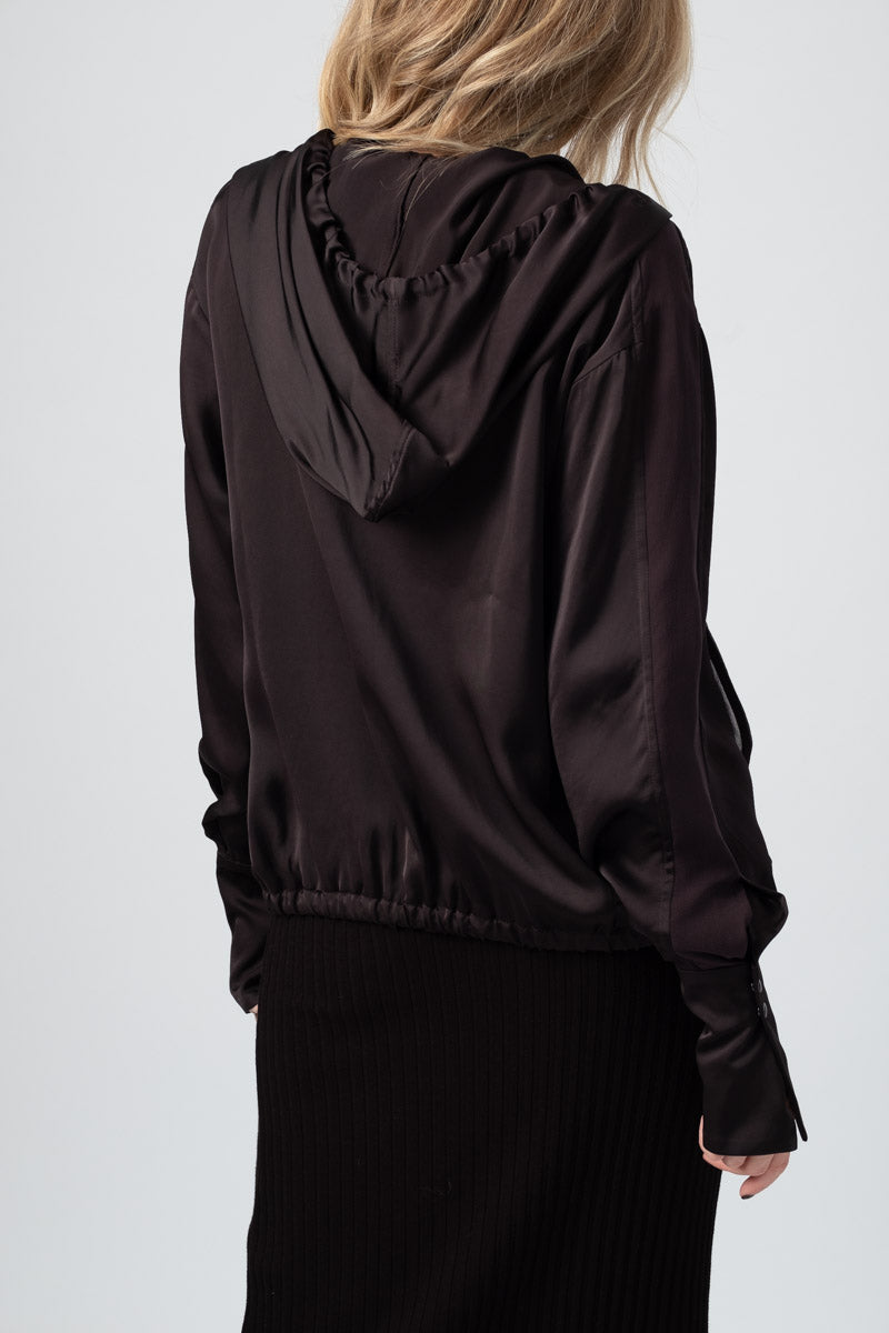 ROQUE Viscose Satin Silk Georgette Hoodie in Must