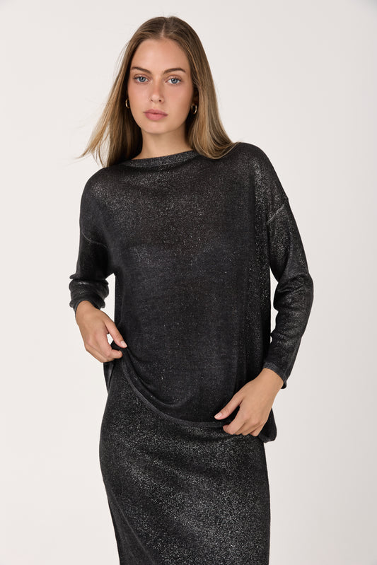 Star Dust Effect Off Gauge Pullover Sweater in Nero
