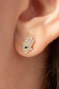 VELINA 14k Yellow Gold Pavé Crystal Hamsa Studs Blue
