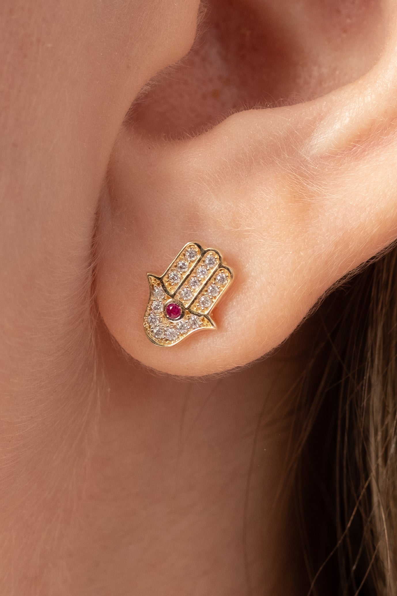 VELINA 14k Yellow Gold Pavé Crystal Hamsa Studs Pink