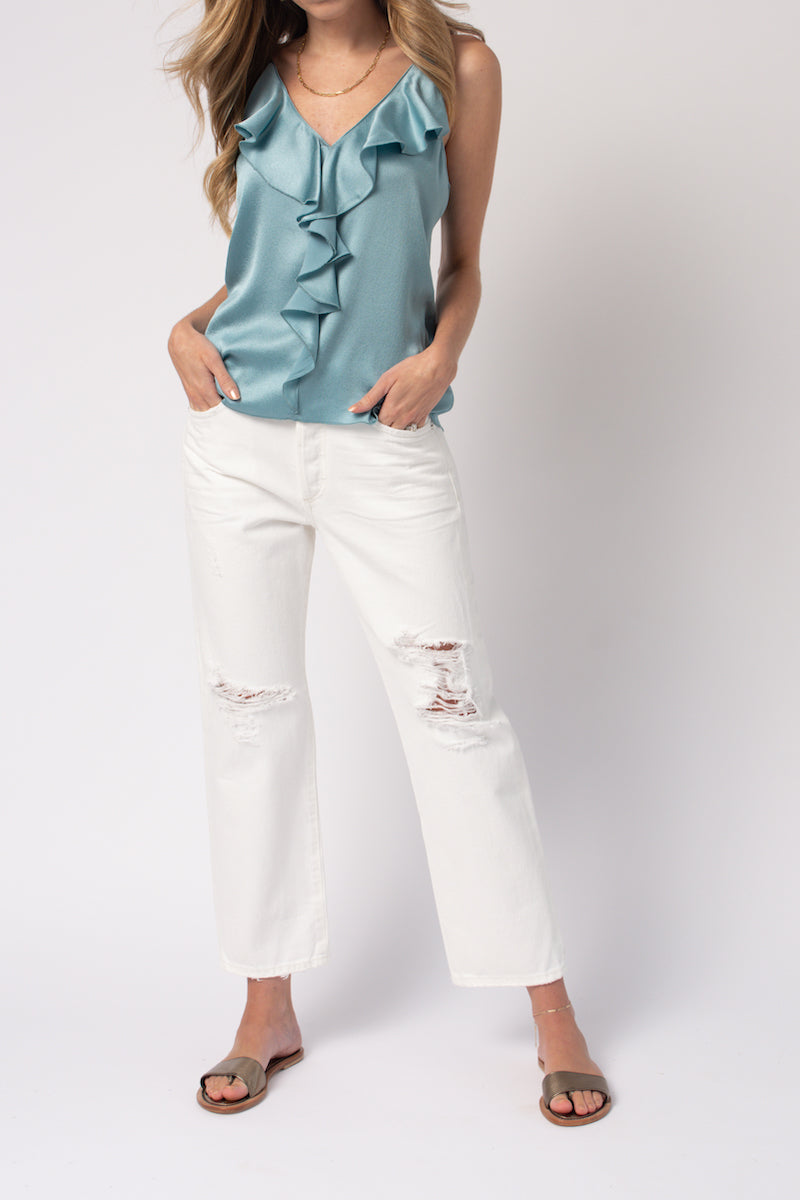 FORTE FORTE Marocain Satin Top with Flounces in Aqua Marina