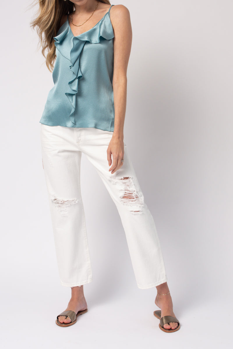 FORTE FORTE Marocain Satin Top with Flounces in Aqua Marina