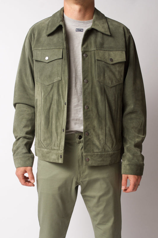 FRAME Modern Suede Trucker Jacket in Deep Army