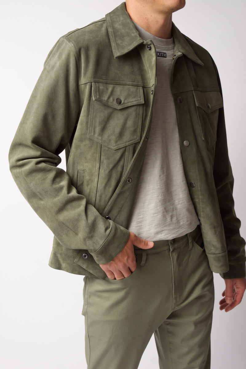 FRAME Modern Suede Trucker Jacket in Deep Army