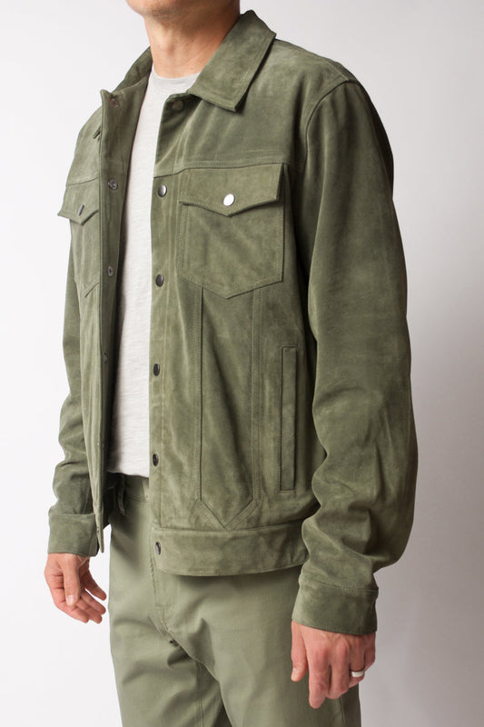 FRAME Modern Suede Trucker Jacket in Deep Army
