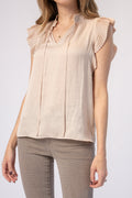 FRAME Pleated Keyhole Blouse in Parchment