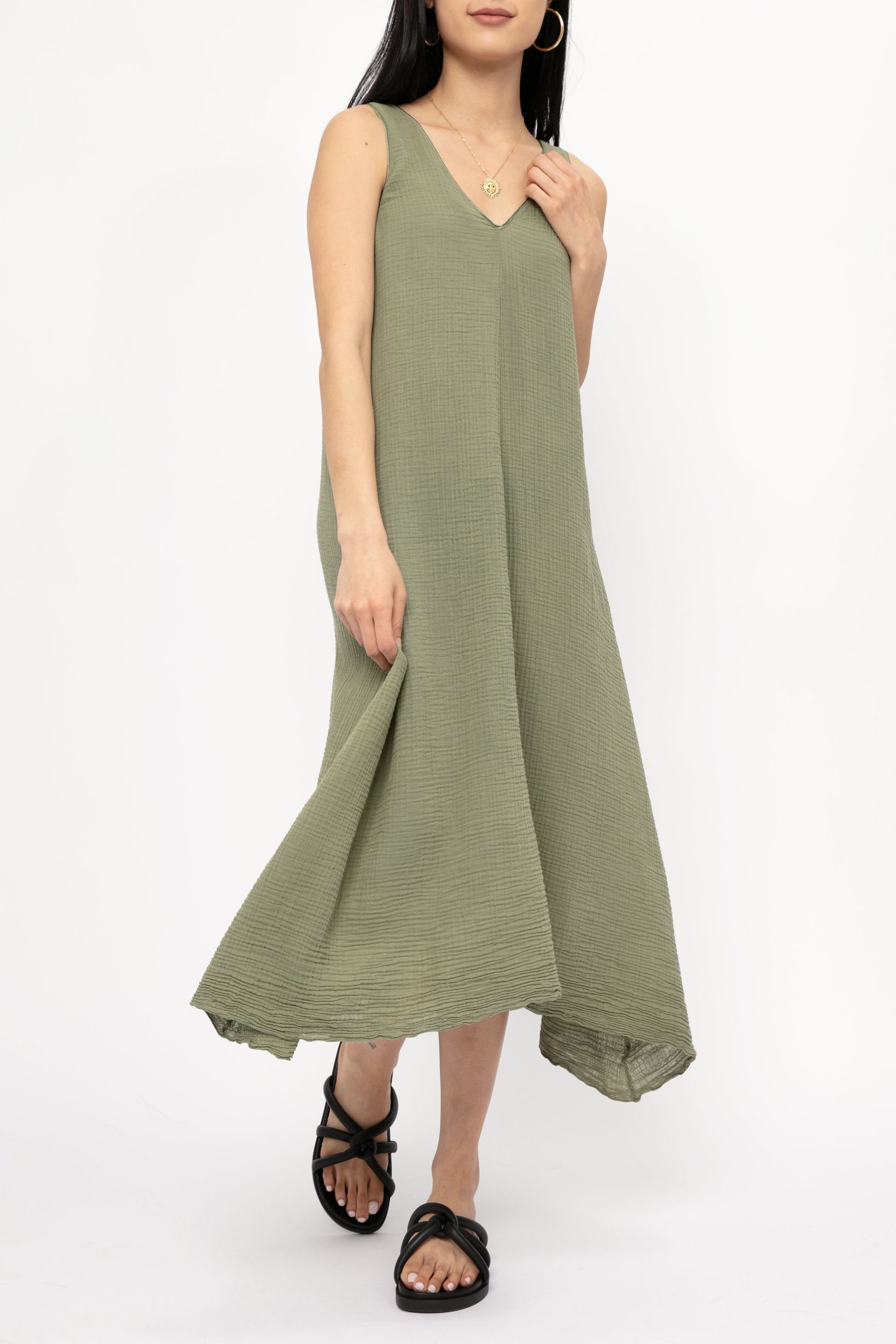 TANDEM Sleeveless Muslin Dress in Kaki