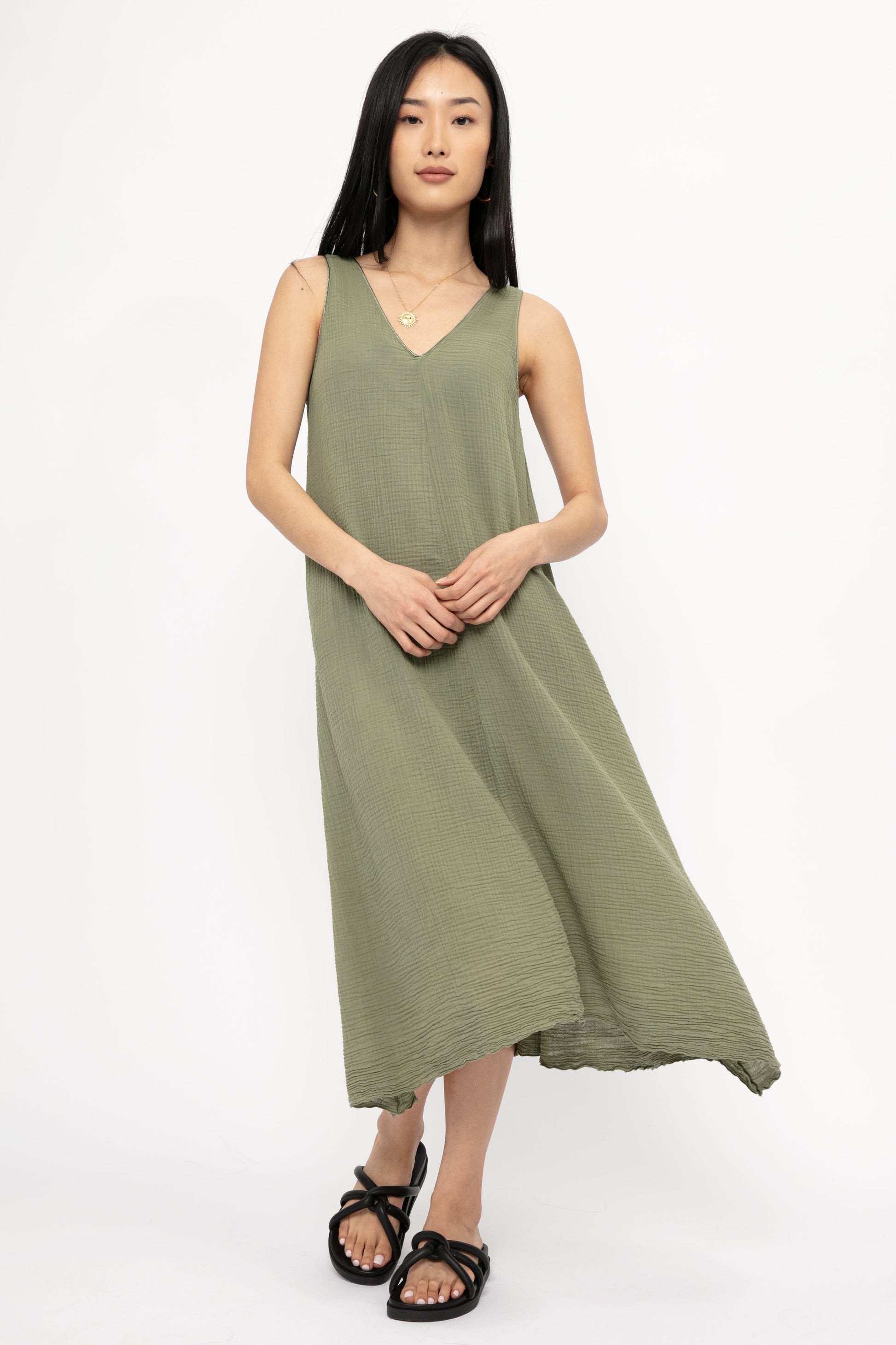 TANDEM Sleeveless Muslin Dress in Kaki