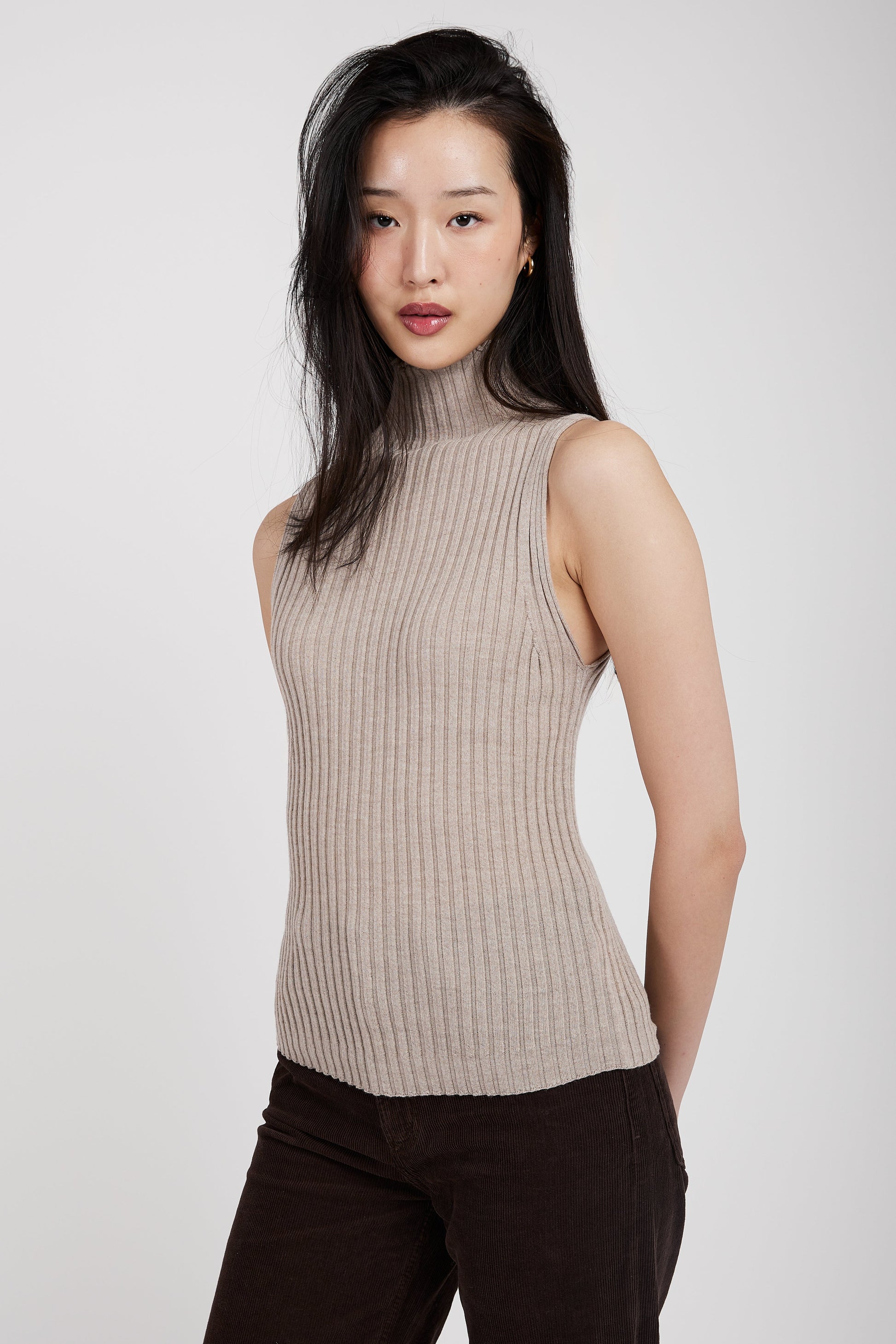 TANDEM Sleeveless Turtleneck Top in Sand