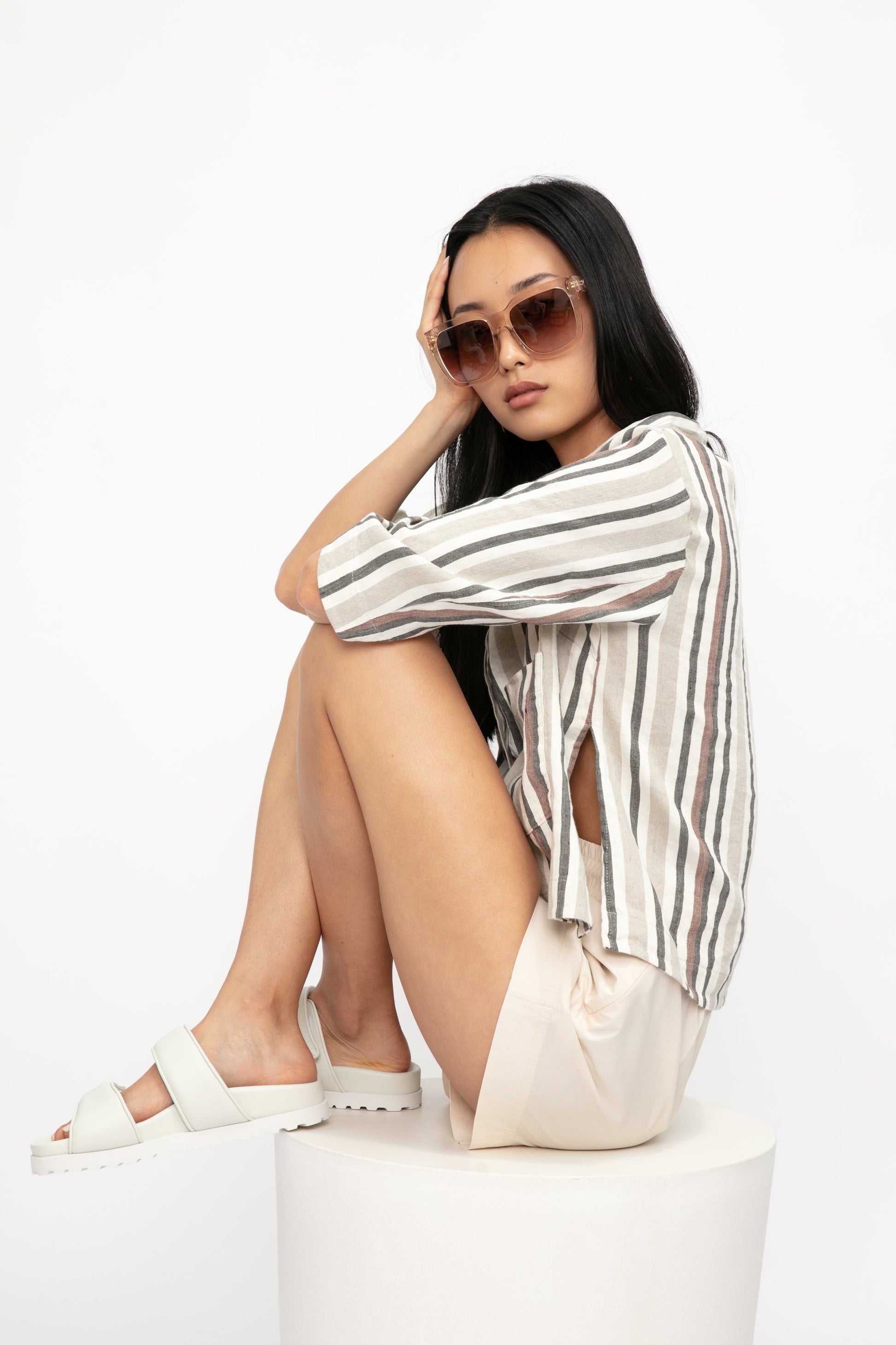 TRANSIT Boxy Linen Shirt Jacket in Carob Stripe