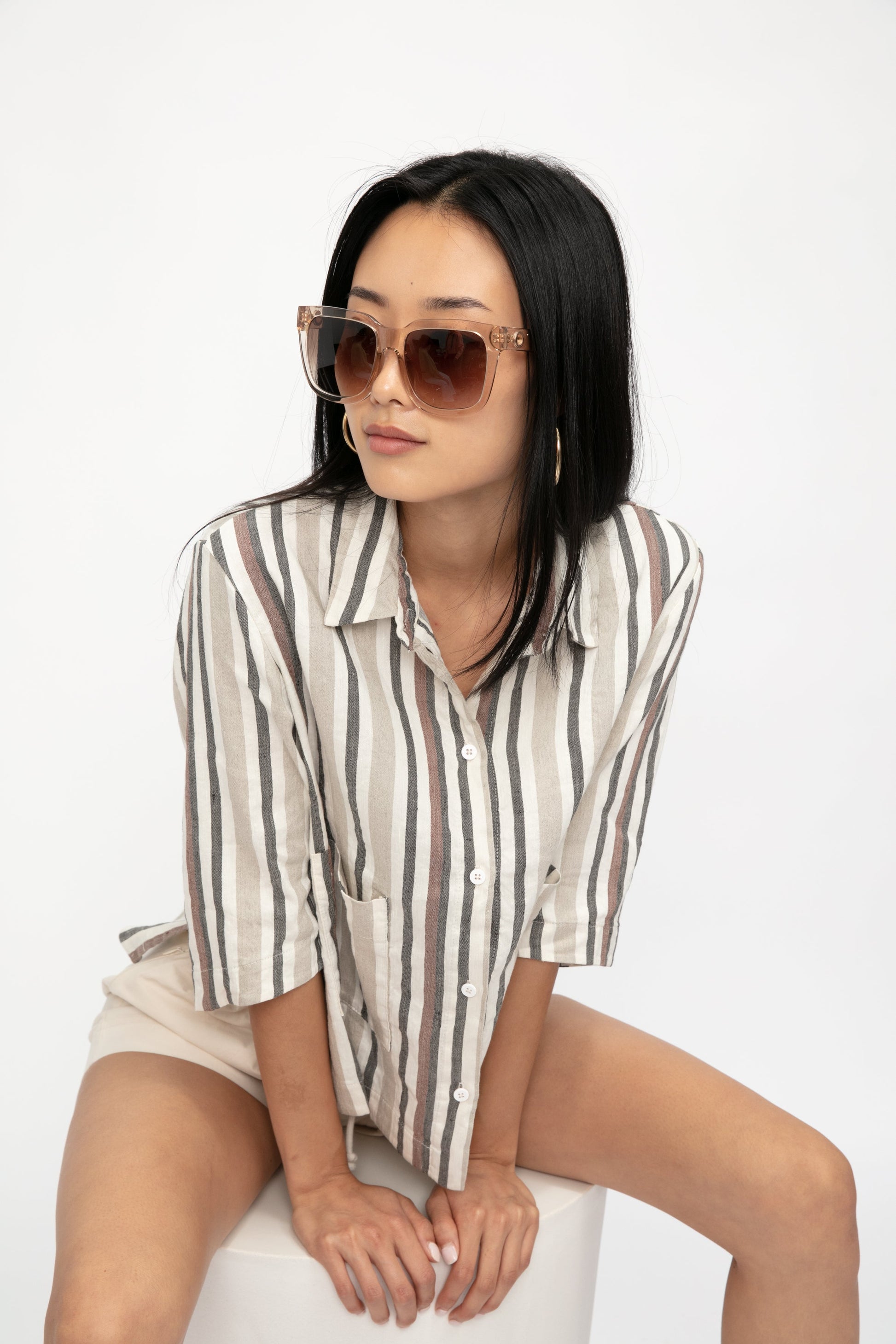 TRANSIT Boxy Linen Shirt Jacket in Carob Stripe