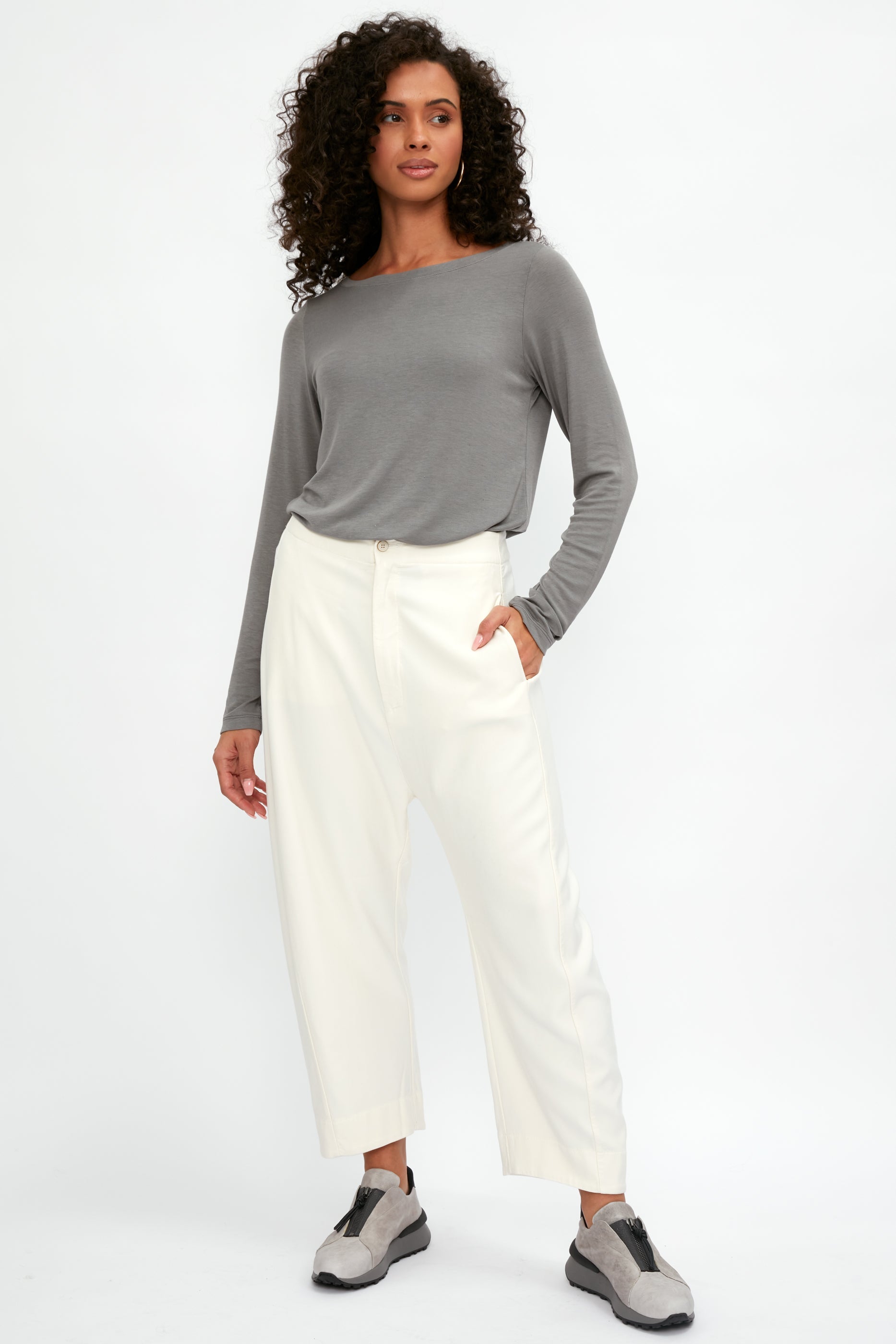 TRANSIT Long Sleeve Modal T-Shirt Top in Grey
