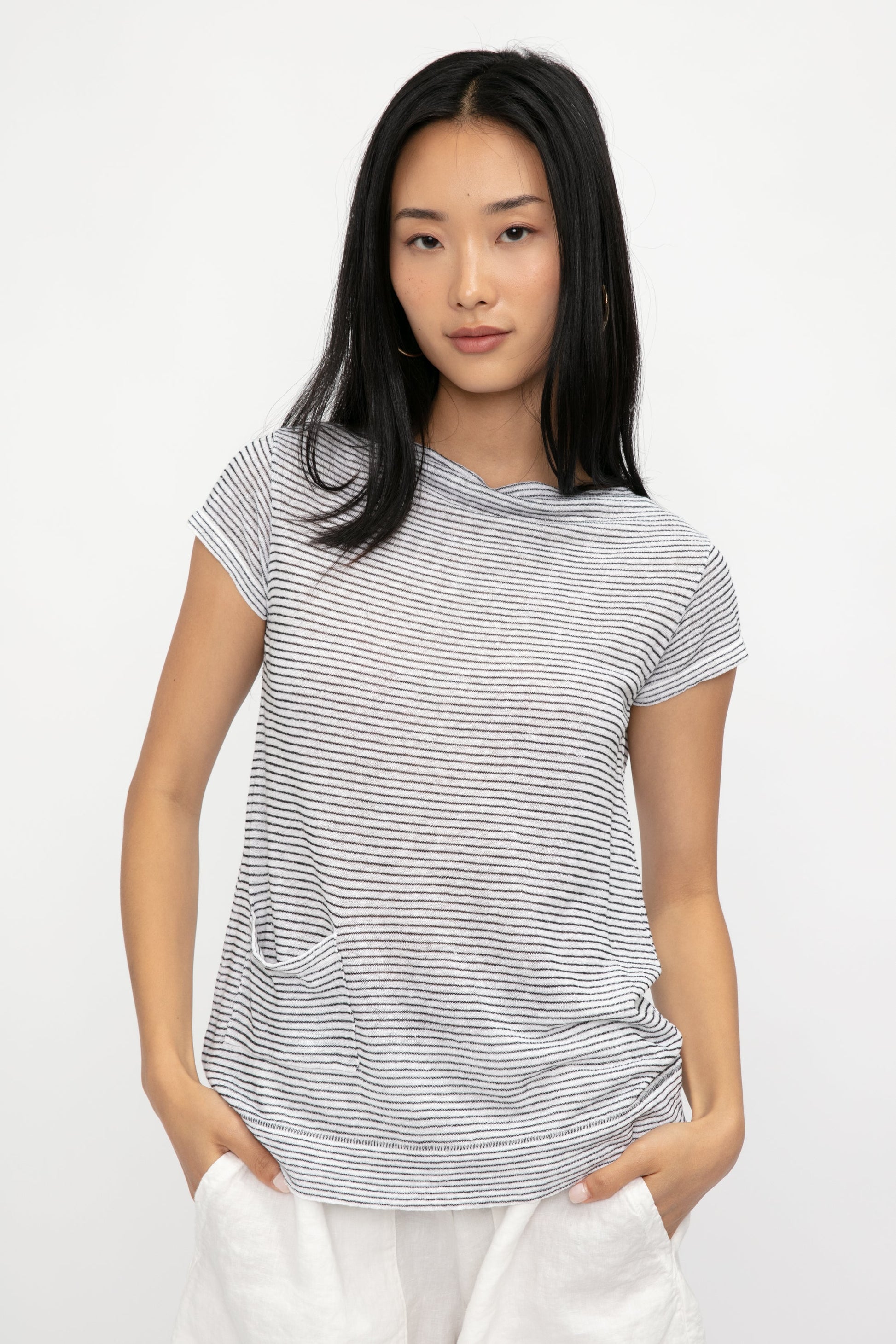 TRANSIT Cotton T-Shirt Top in Grey Stripe