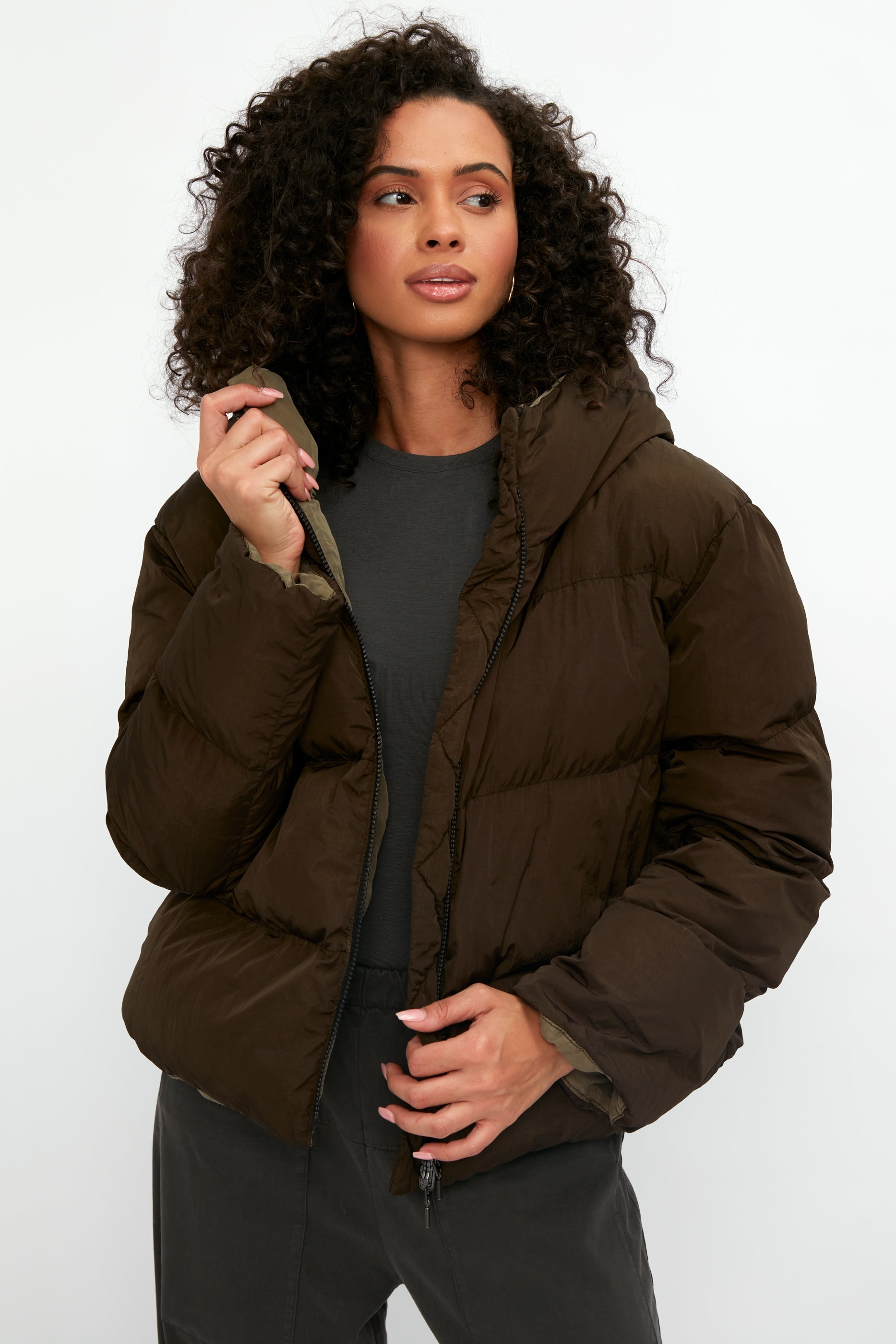 TRANSIT Reversible Hooded Down Coat Jacket in Mud