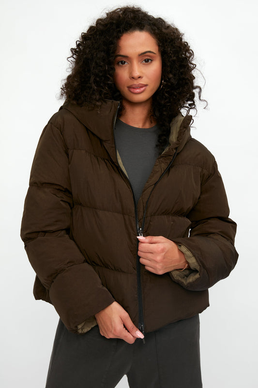 TRANSIT Reversible Hooded Down Coat Jacket in Mud