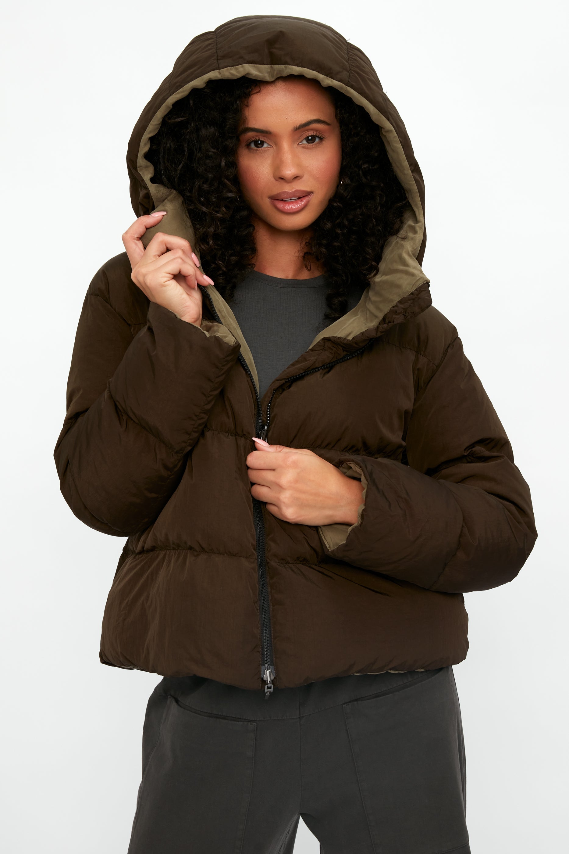 TRANSIT Reversible Hooded Down Coat Jacket in Mud