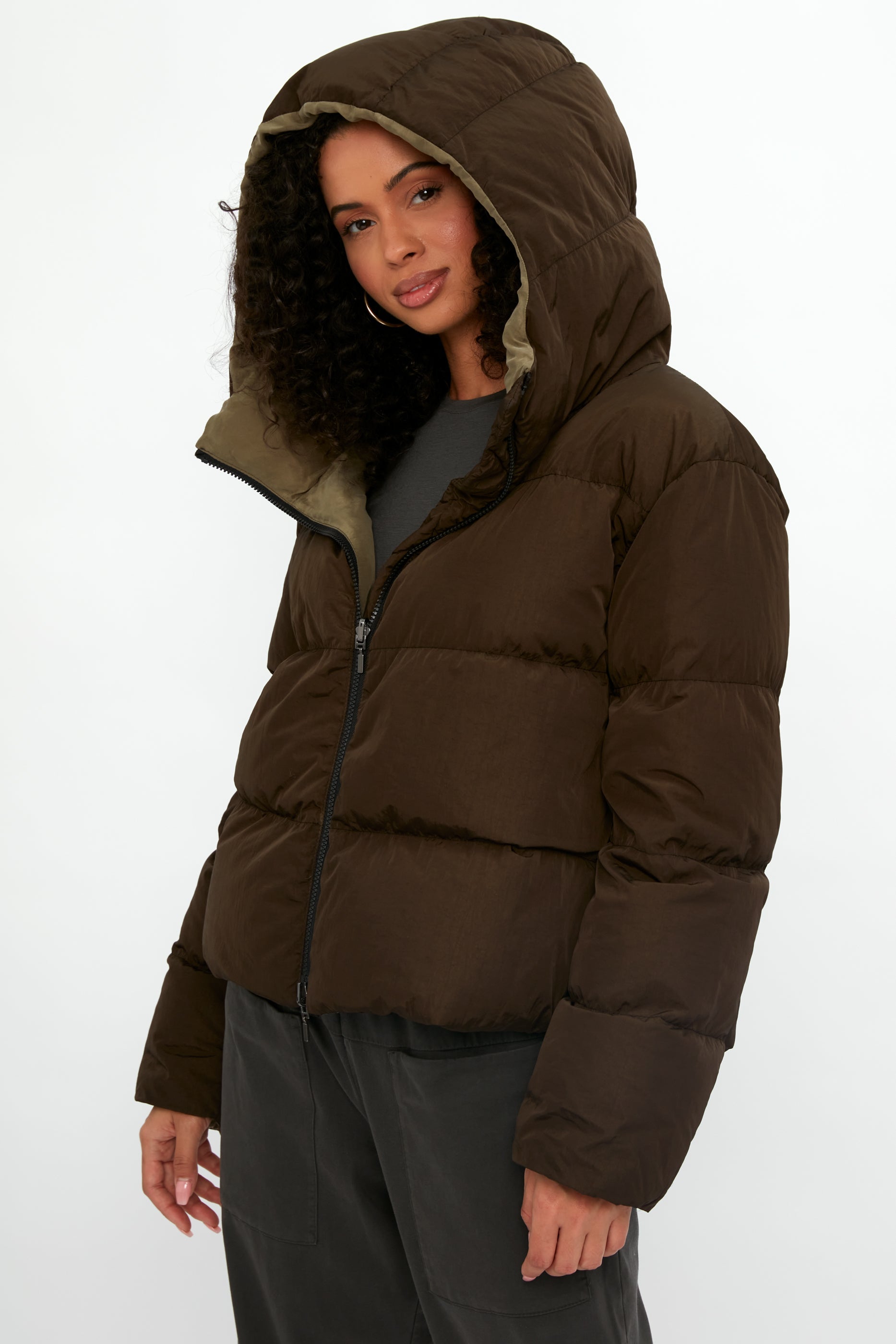 TRANSIT Reversible Hooded Down Coat Jacket in Mud