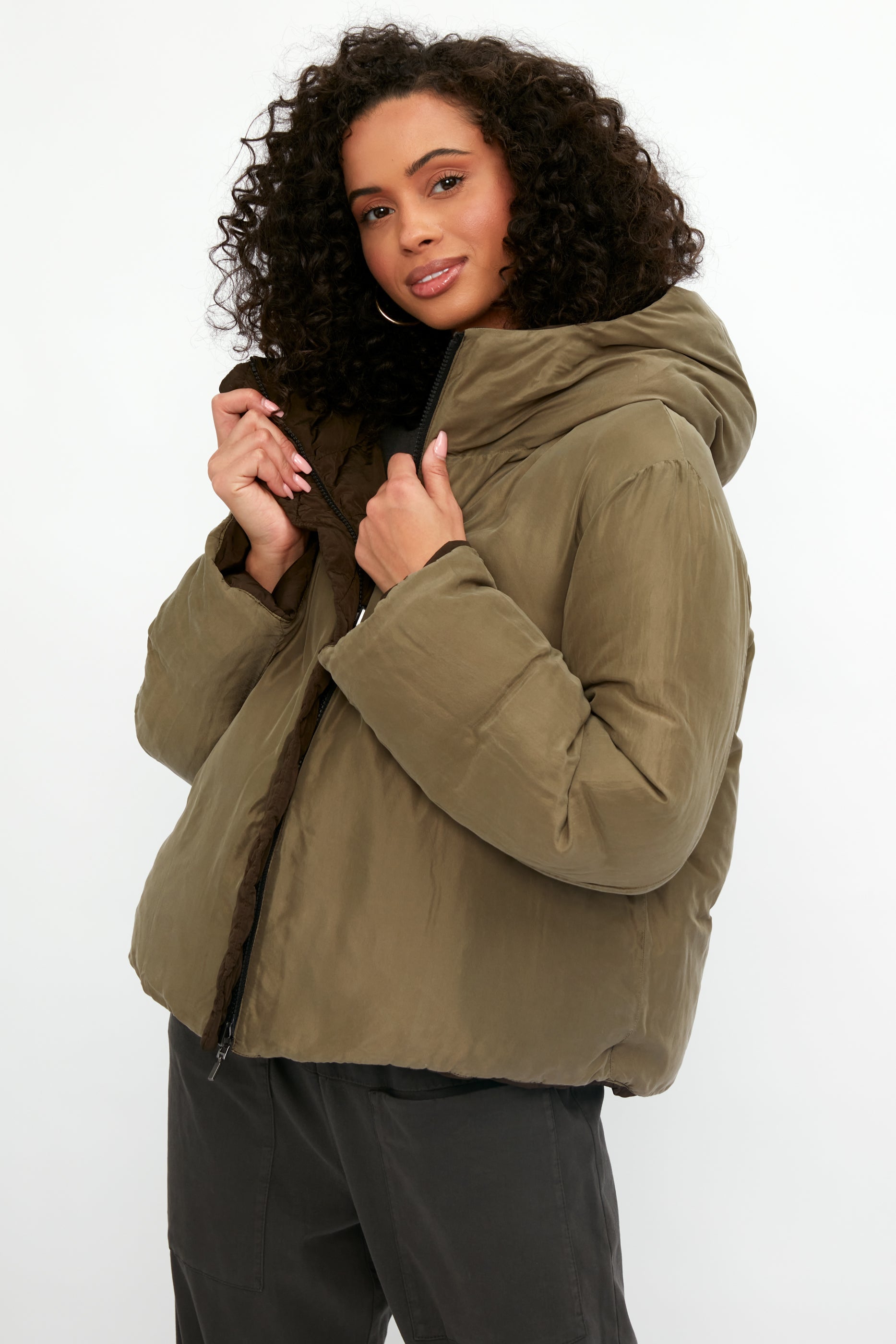 TRANSIT Reversible Hooded Down Coat Jacket in Mud