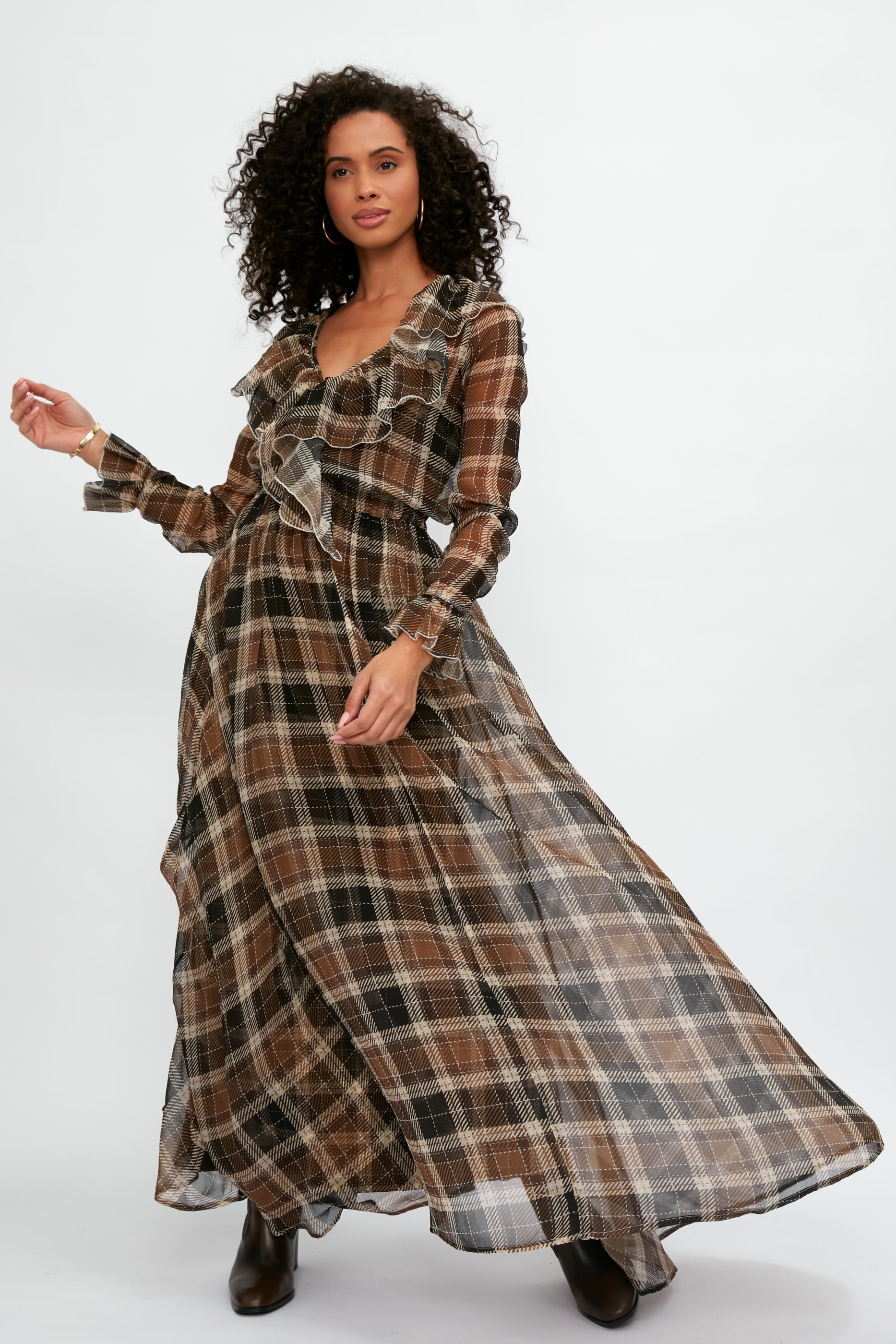 ALESSIA ZAMATTIO Calla Silk Maxi Dress in Tartan Nocciola