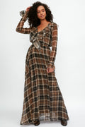ALESSIA ZAMATTIO Calla Silk Maxi Dress in Tartan Nocciola