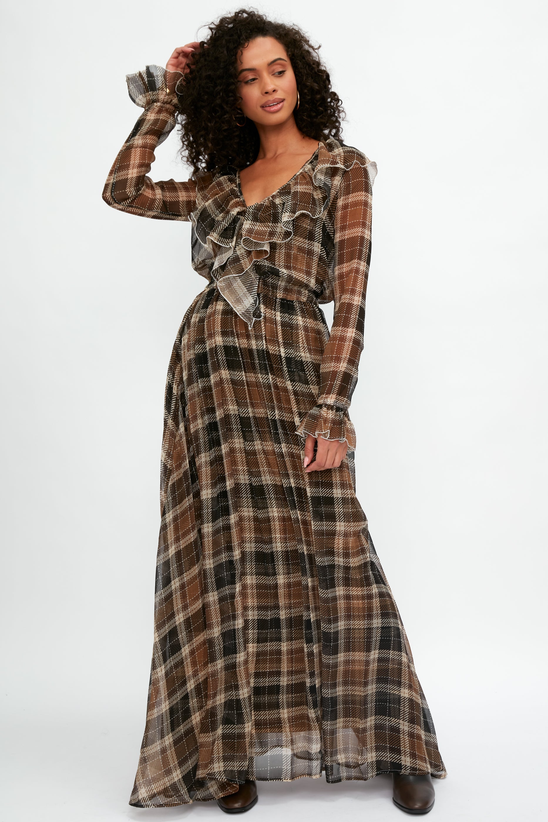 ALESSIA ZAMATTIO Calla Silk Maxi Dress in Tartan Nocciola
