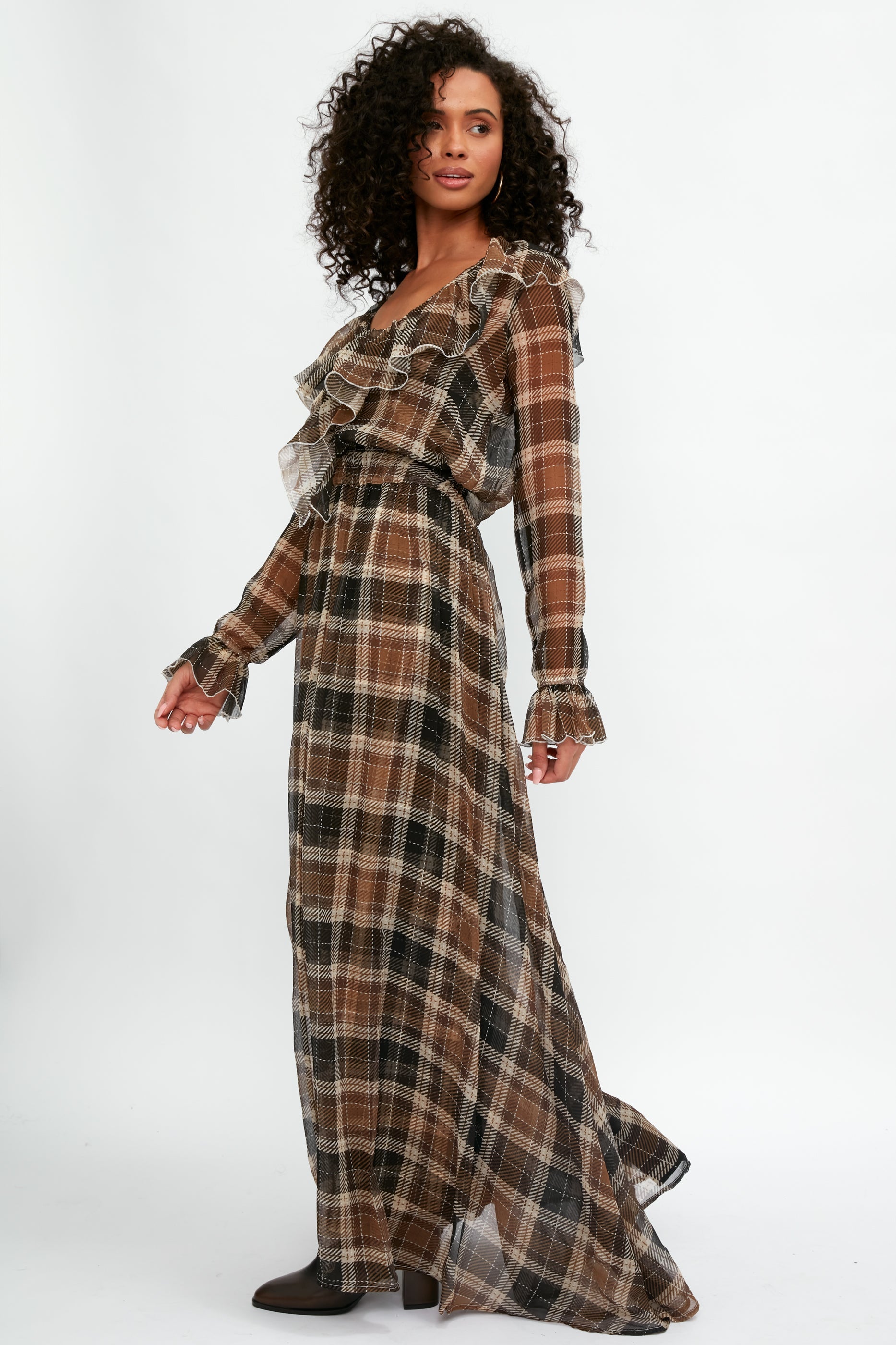 ALESSIA ZAMATTIO Calla Silk Maxi Dress in Tartan Nocciola