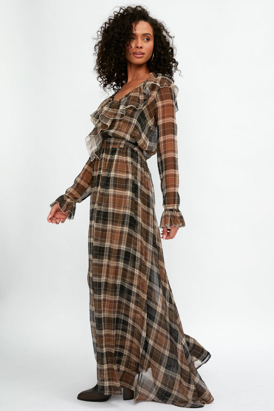 ALESSIA ZAMATTIO Calla Silk Maxi Dress in Tartan Nocciola