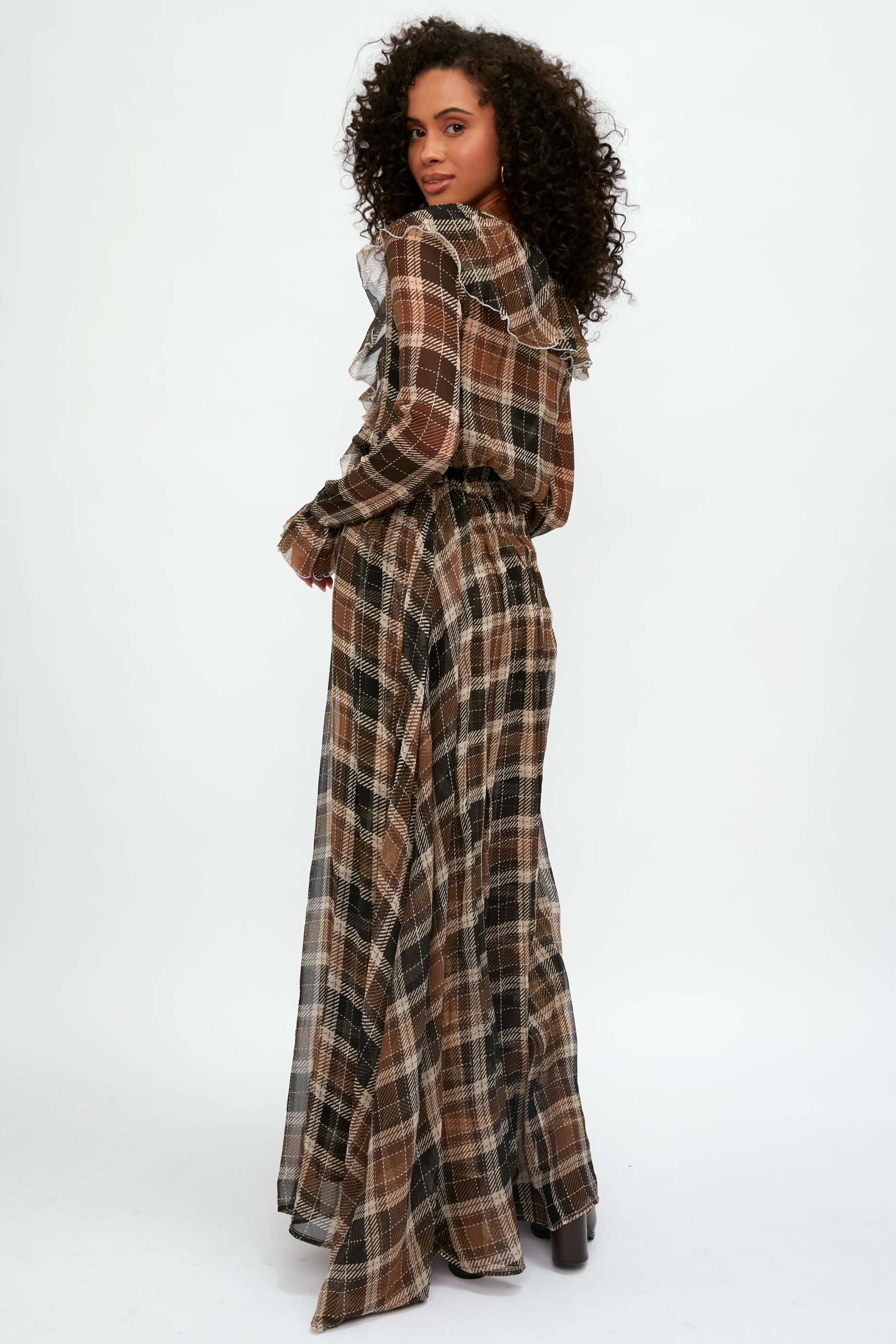 ALESSIA ZAMATTIO Calla Silk Maxi Dress in Tartan Nocciola