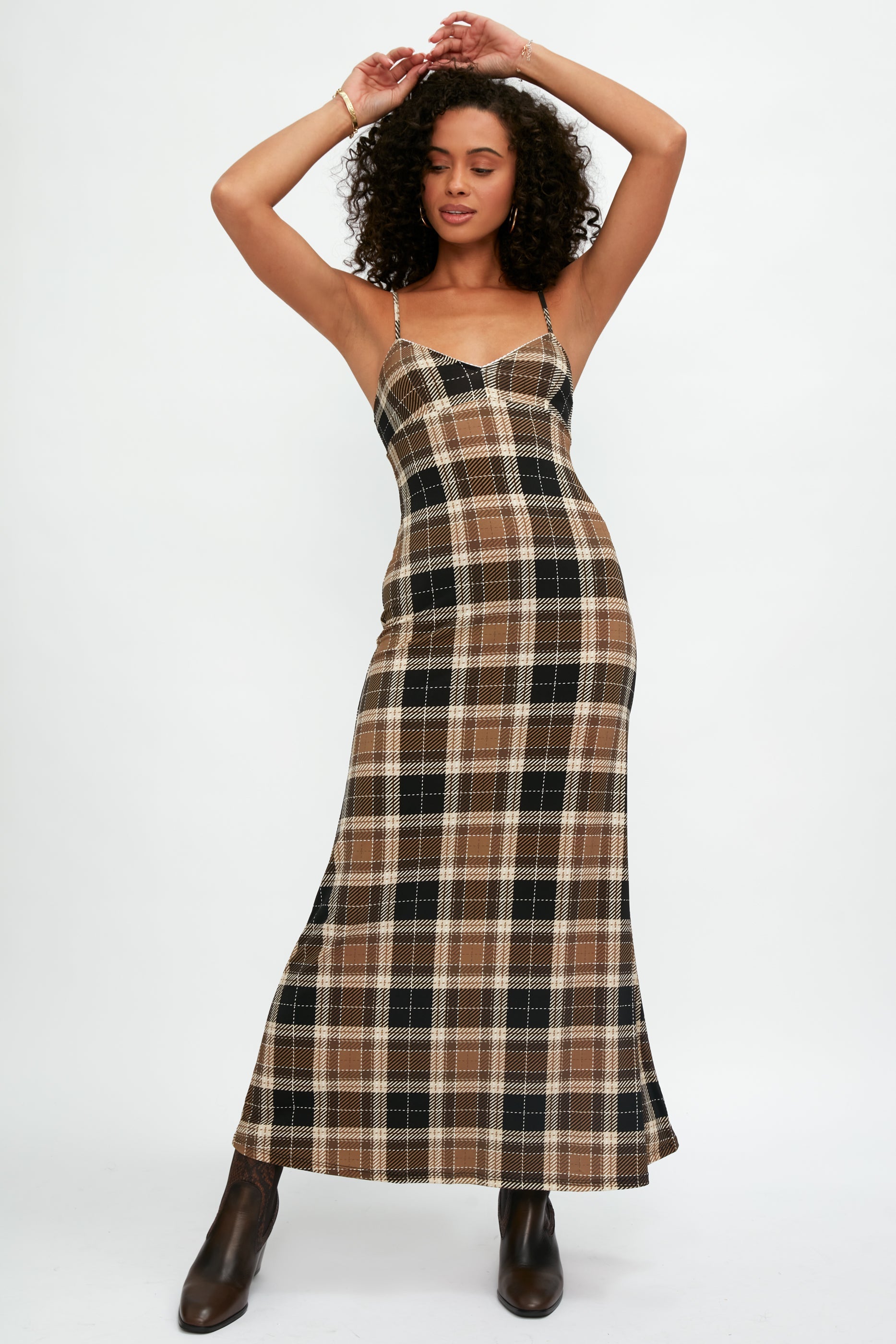 ALESSIA ZAMATTIO Calla Silk Maxi Dress in Tartan Nocciola