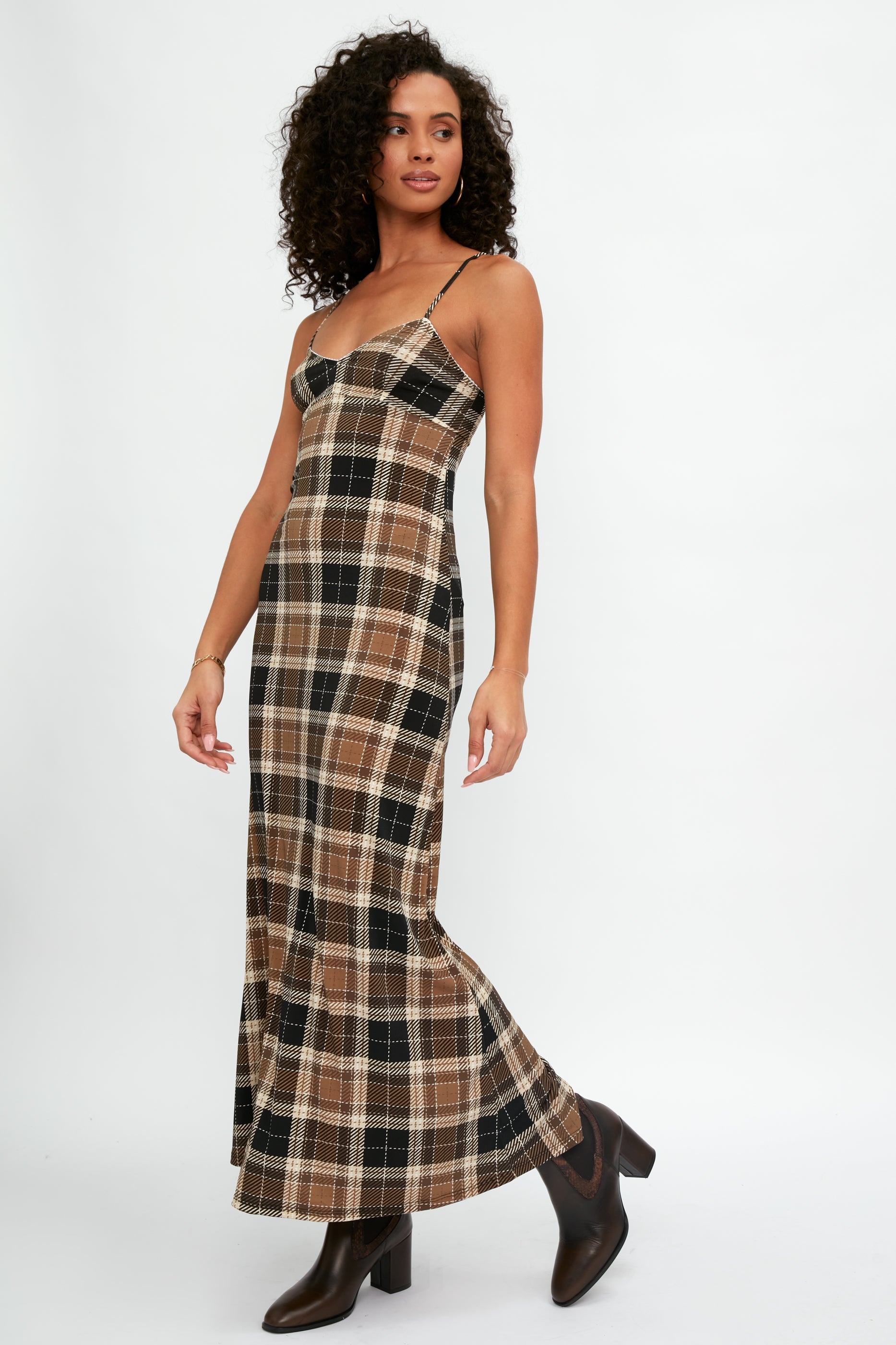 ALESSIA ZAMATTIO Calla Silk Maxi Dress in Tartan Nocciola